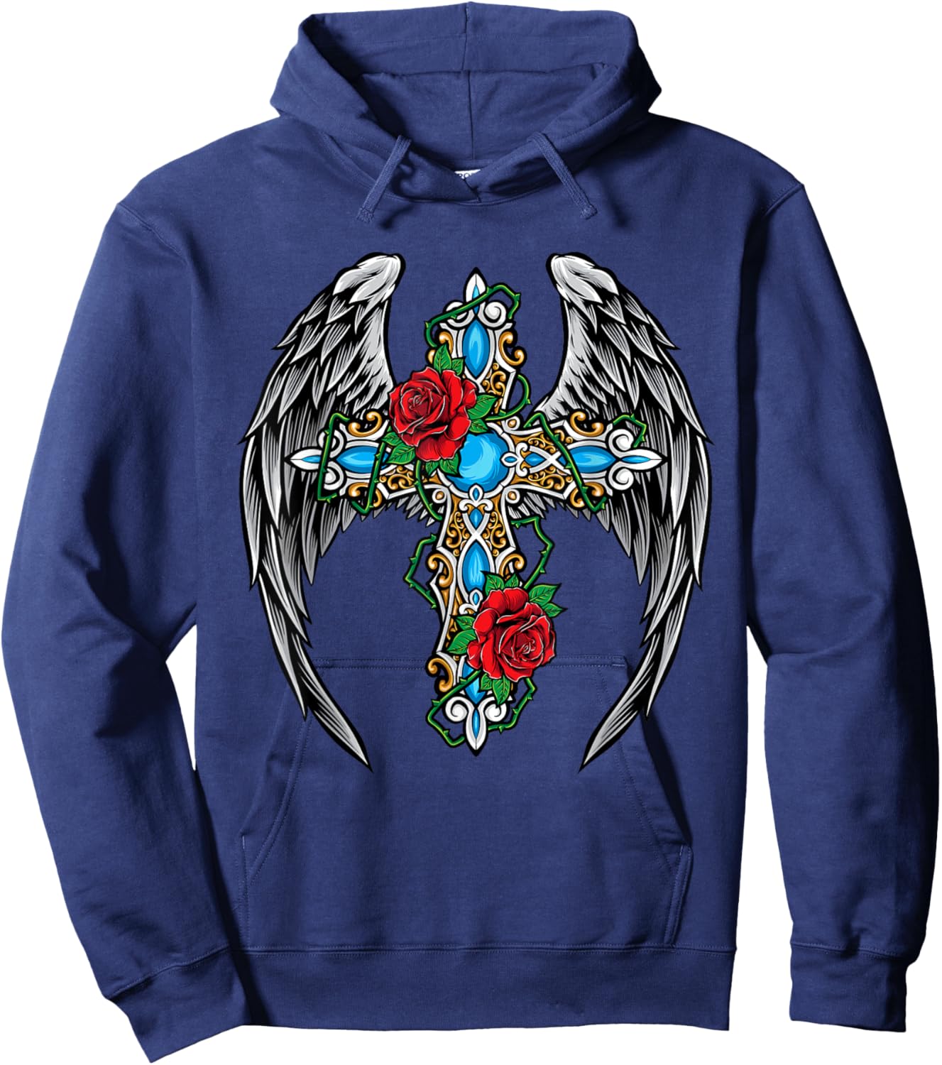 Christian Cross Vintage Rose Flower Cross Wings Religion Hoodie - Hoodie | Navy