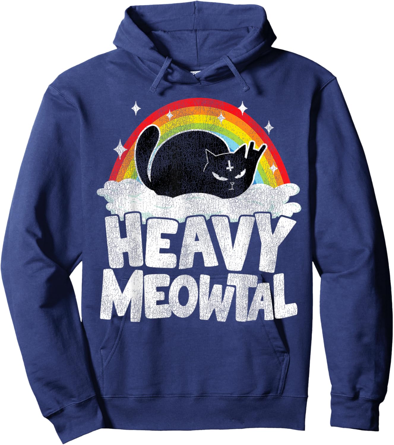 Heavy Meowtal Cat Retro Rainbow Satanic Funny Heavy Metal Hoodie - Hoodie | Navy