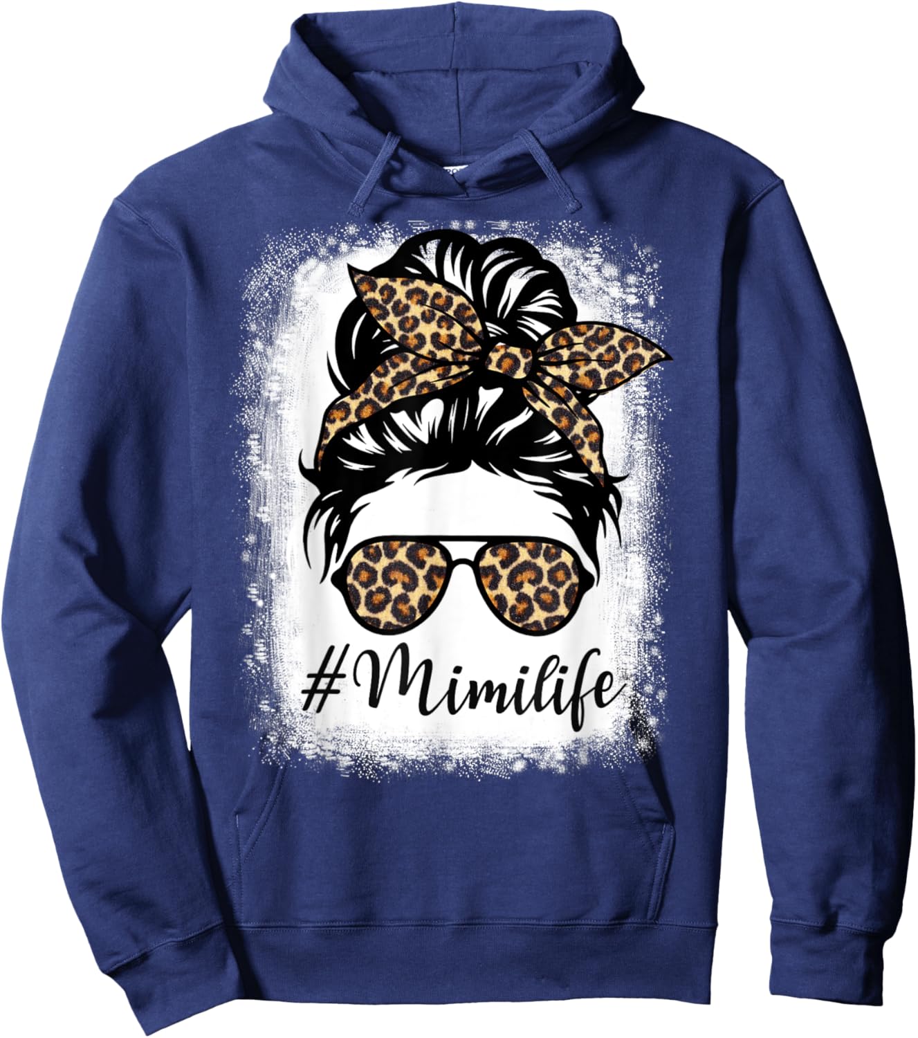 Women Messy Bun Mimi Life Leopard Mothers Day Hoodie - Hoodie | Navy