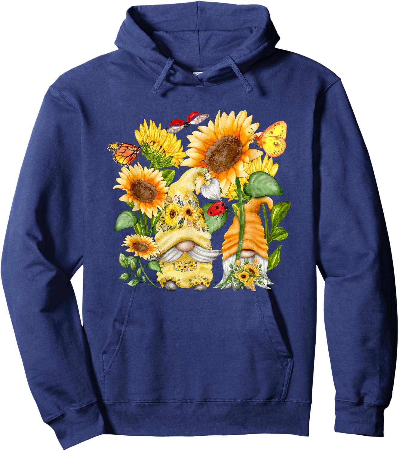 Sunflower Gnome Butterfly & Ladybug Floral Flower Hoodie - Hoodie | Navy