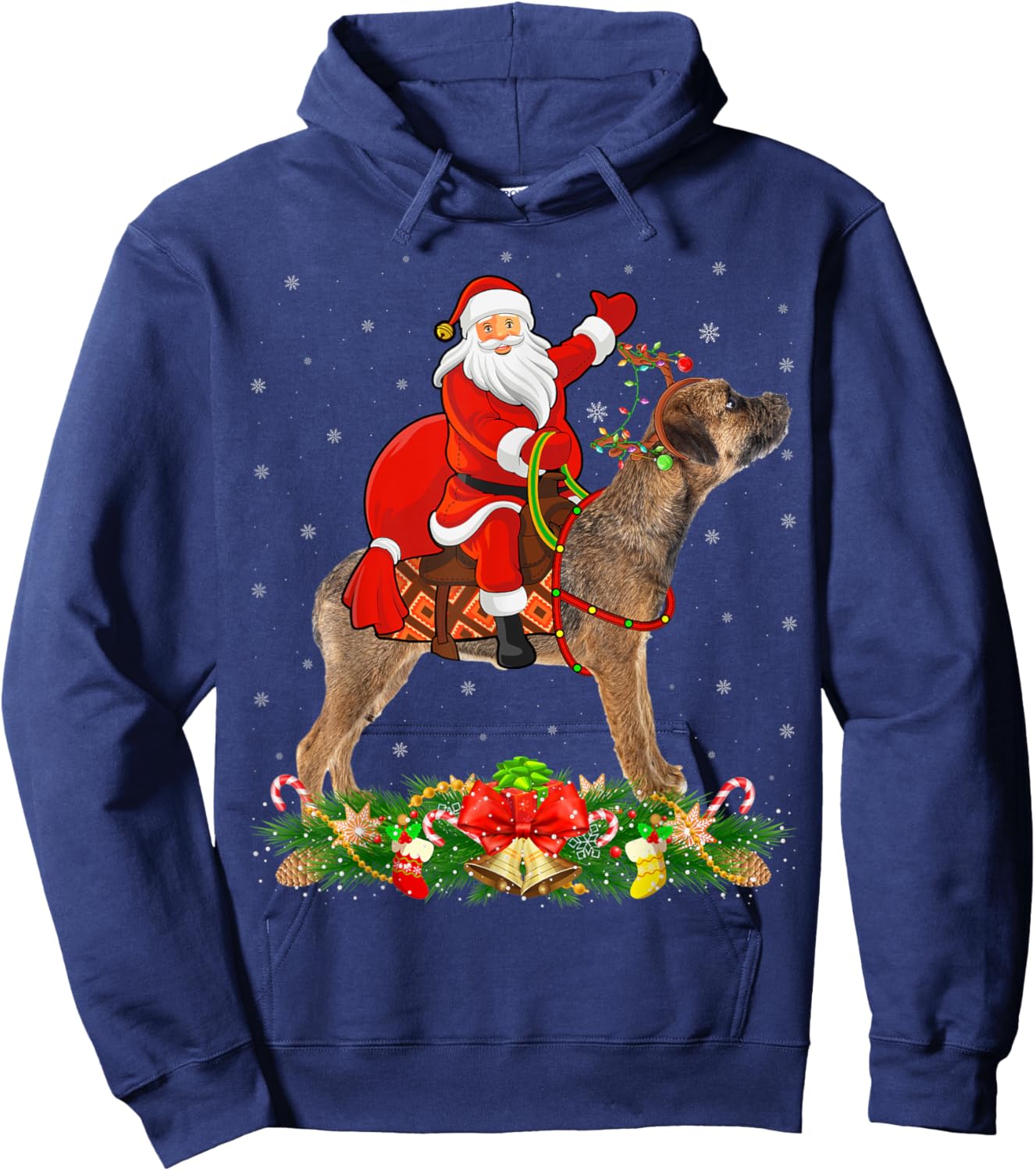Xmas Matching Funny Santa Riding Border Terrier Christmas Hoodie - Hoodie | Navy