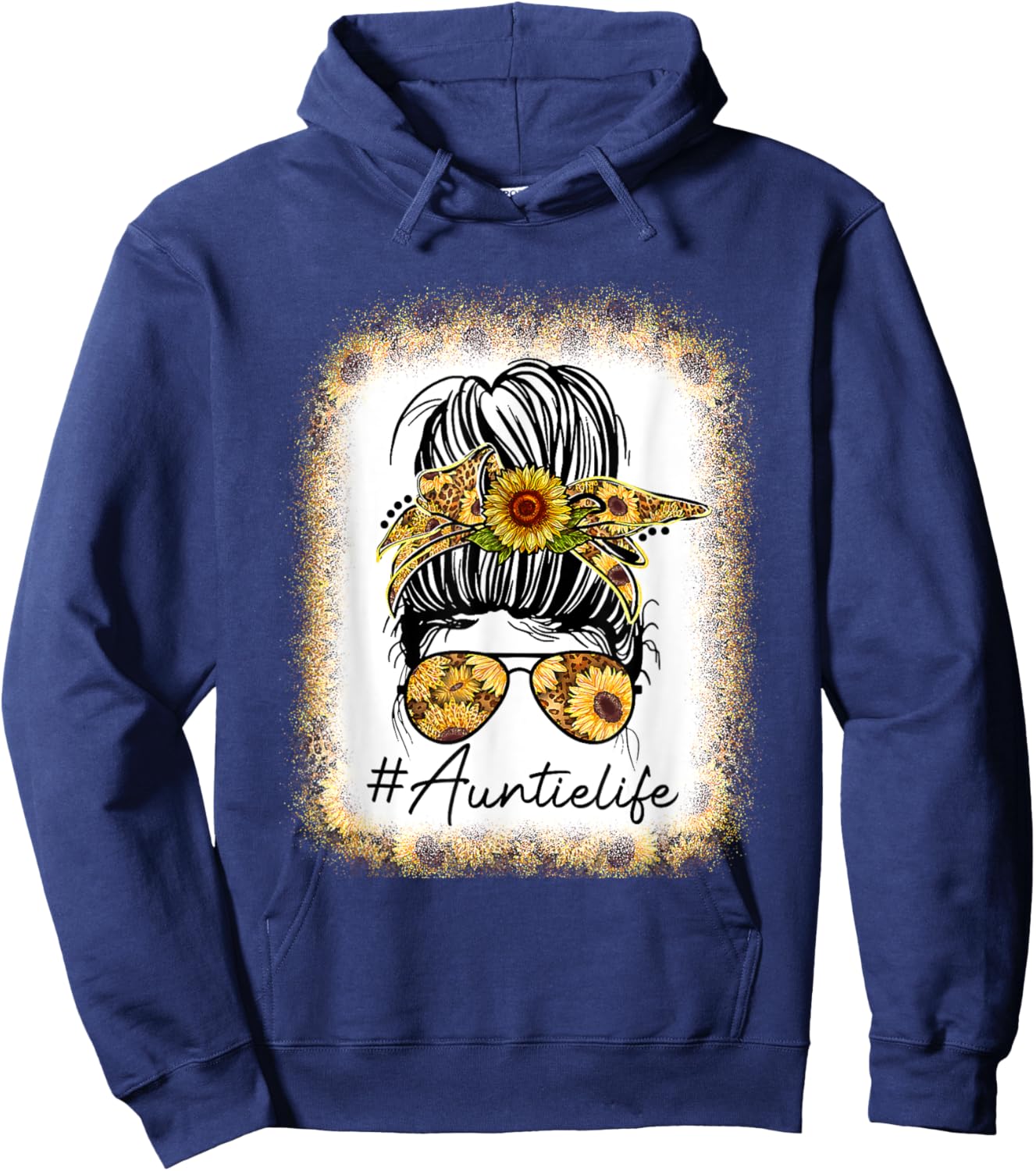 Mom Life Bleached Auntie Life Sunflower Messy Bun Hoodie - Hoodie | Navy