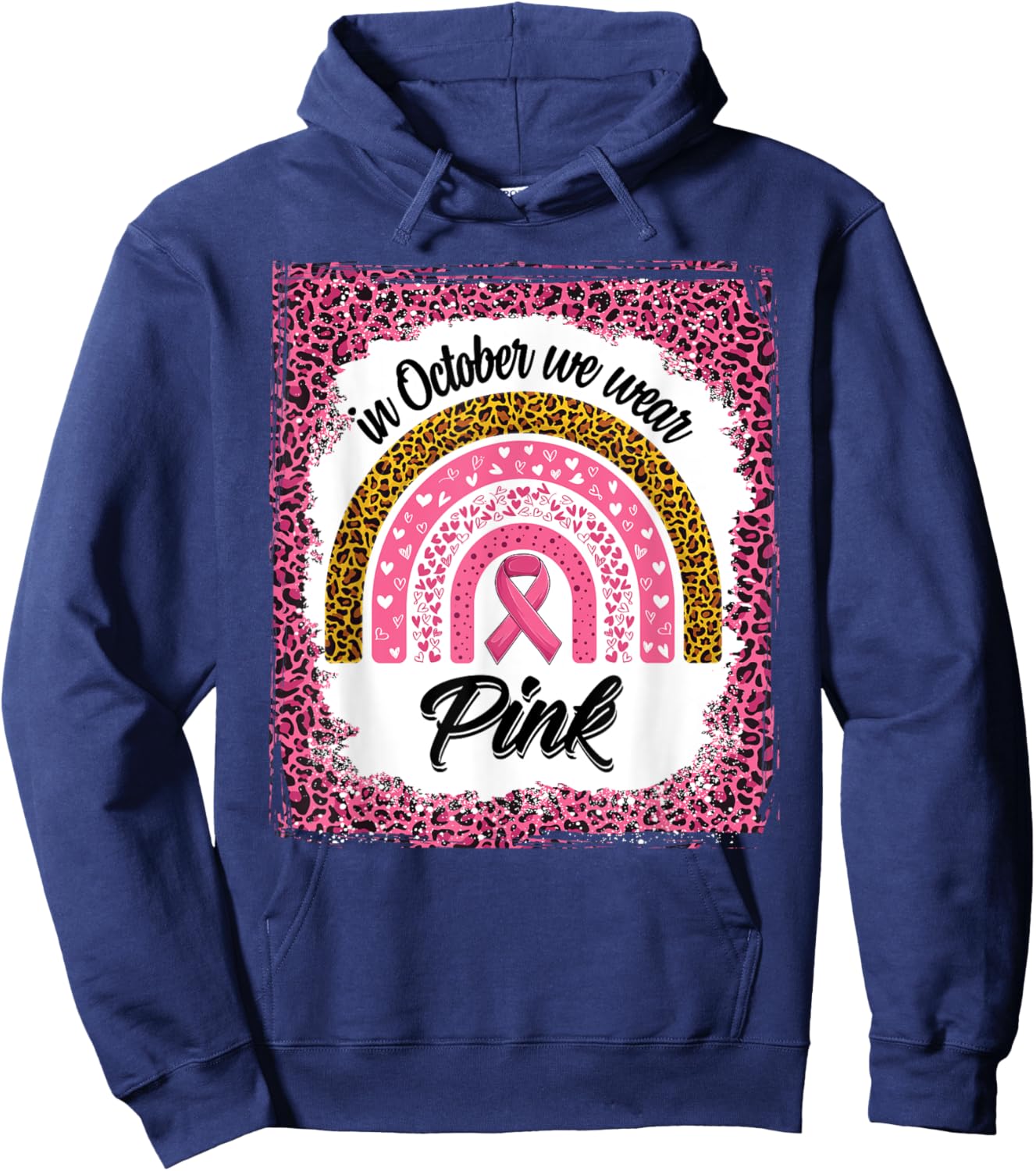 In October We Wear Pink Breast Cancer Bleached Leopard Print Hoodie - Hoodie | Navy
