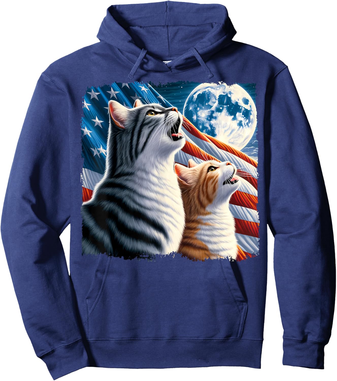 Cat 4th of July American Flag Howling Cats Under Blood Moon Hoodie - Hoodie | Navy