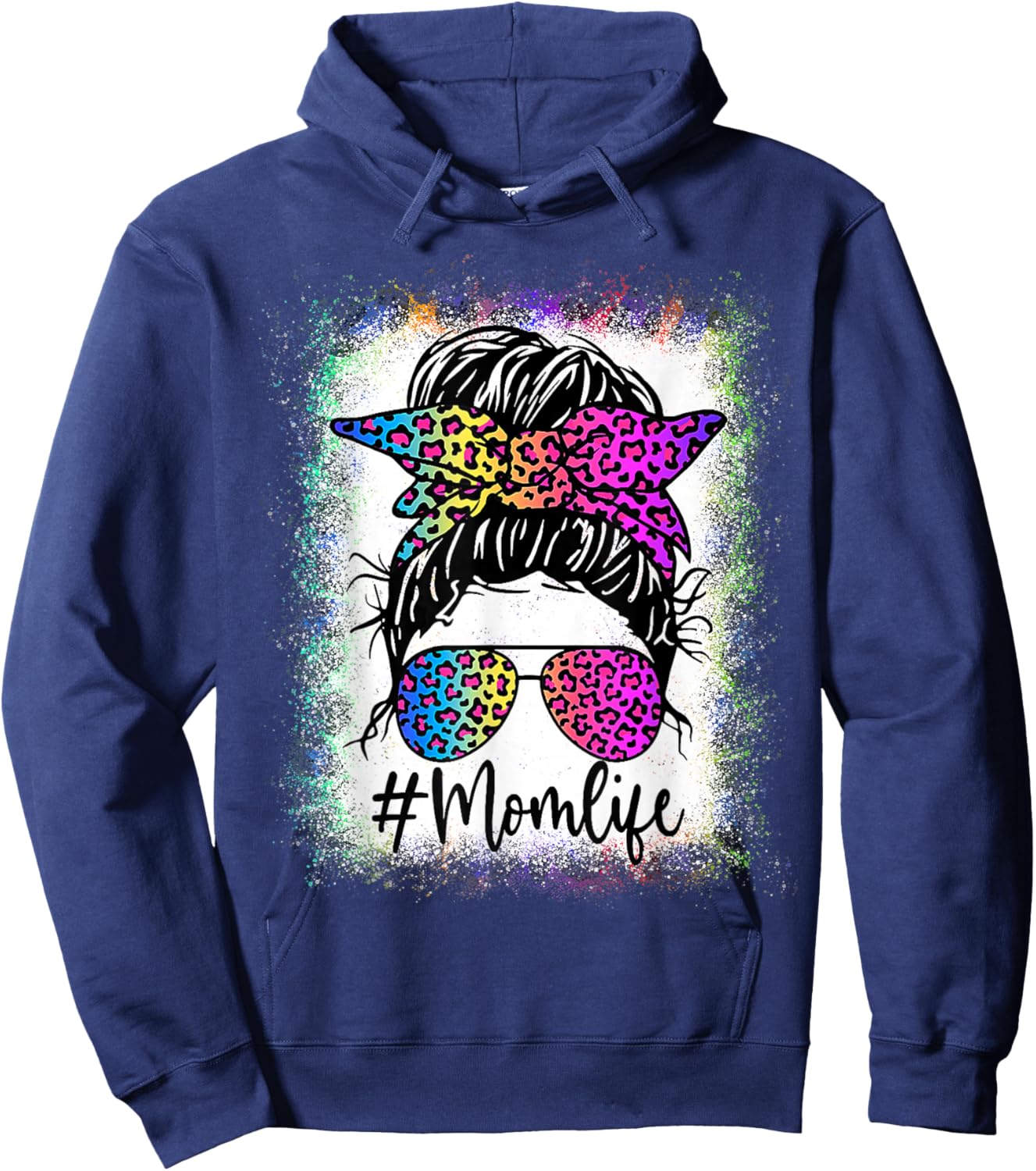Mom Life Bleached Shirt Rainbow Leopard Messy Bun Hoodie - Hoodie | Navy