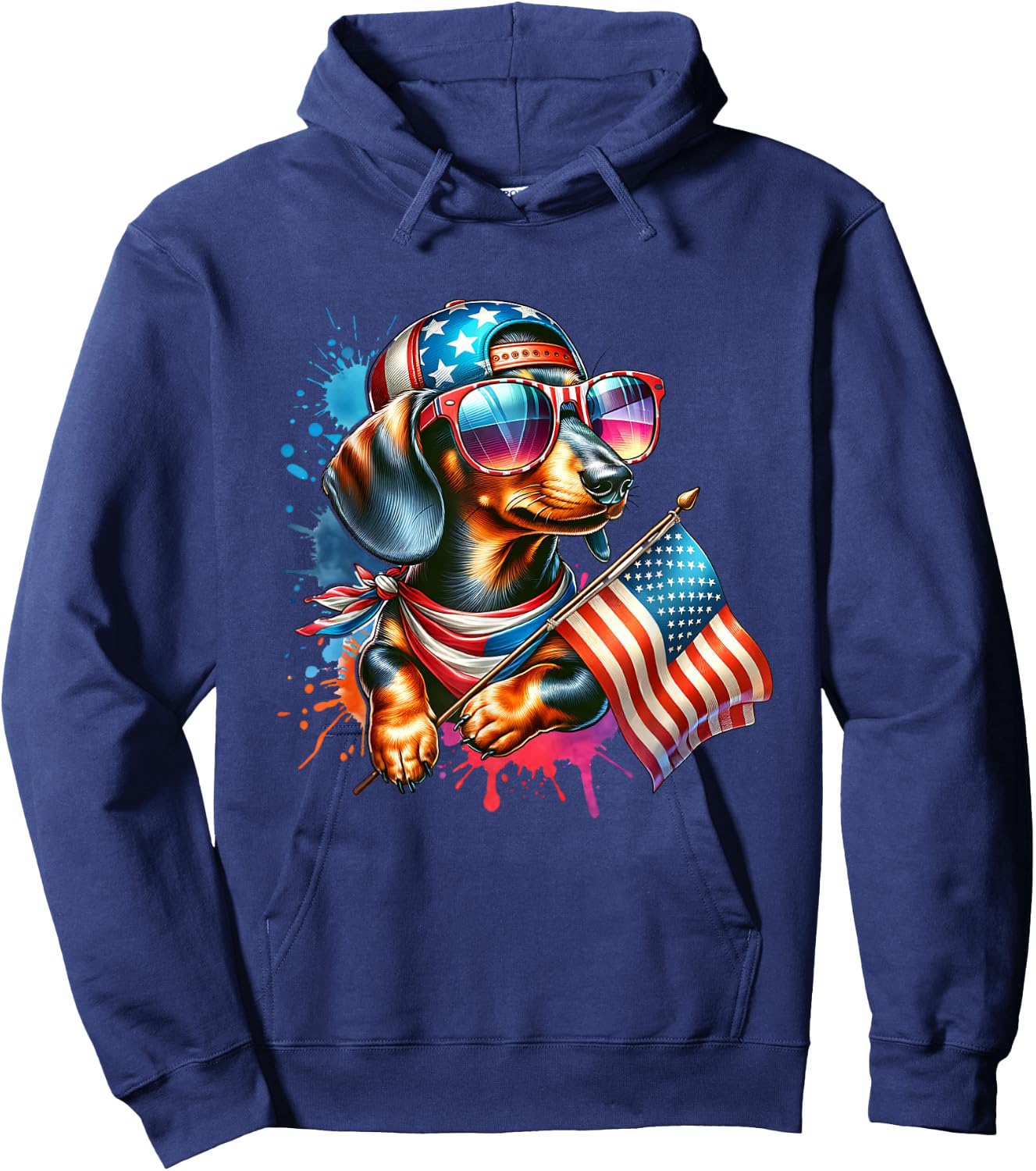 4th Of July Dachshund Dog Holding American Flag Dog Lover Hoodie - Hoodie | Navy