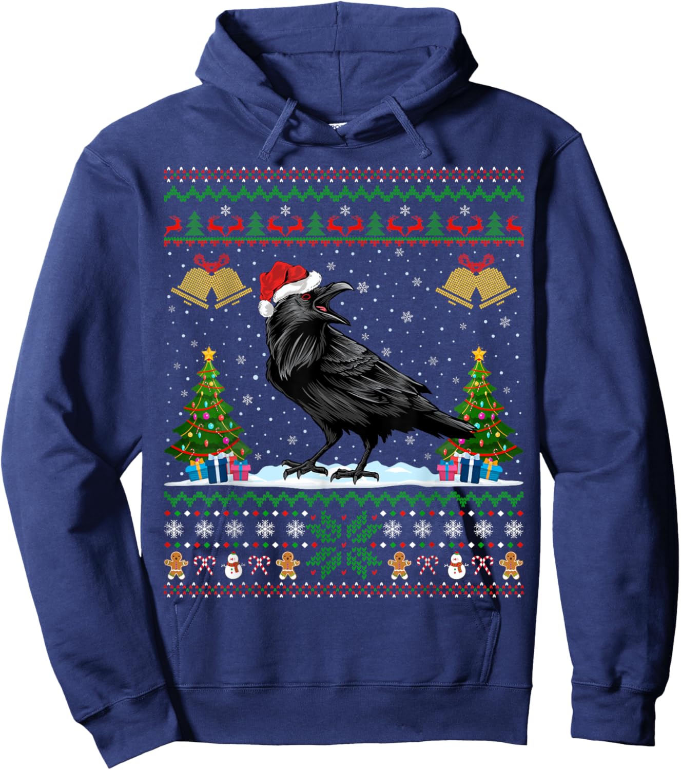 Santa Hat Raven Bird Xmas Lighting Ugly Raven Christmas Hoodie - Hoodie | Navy