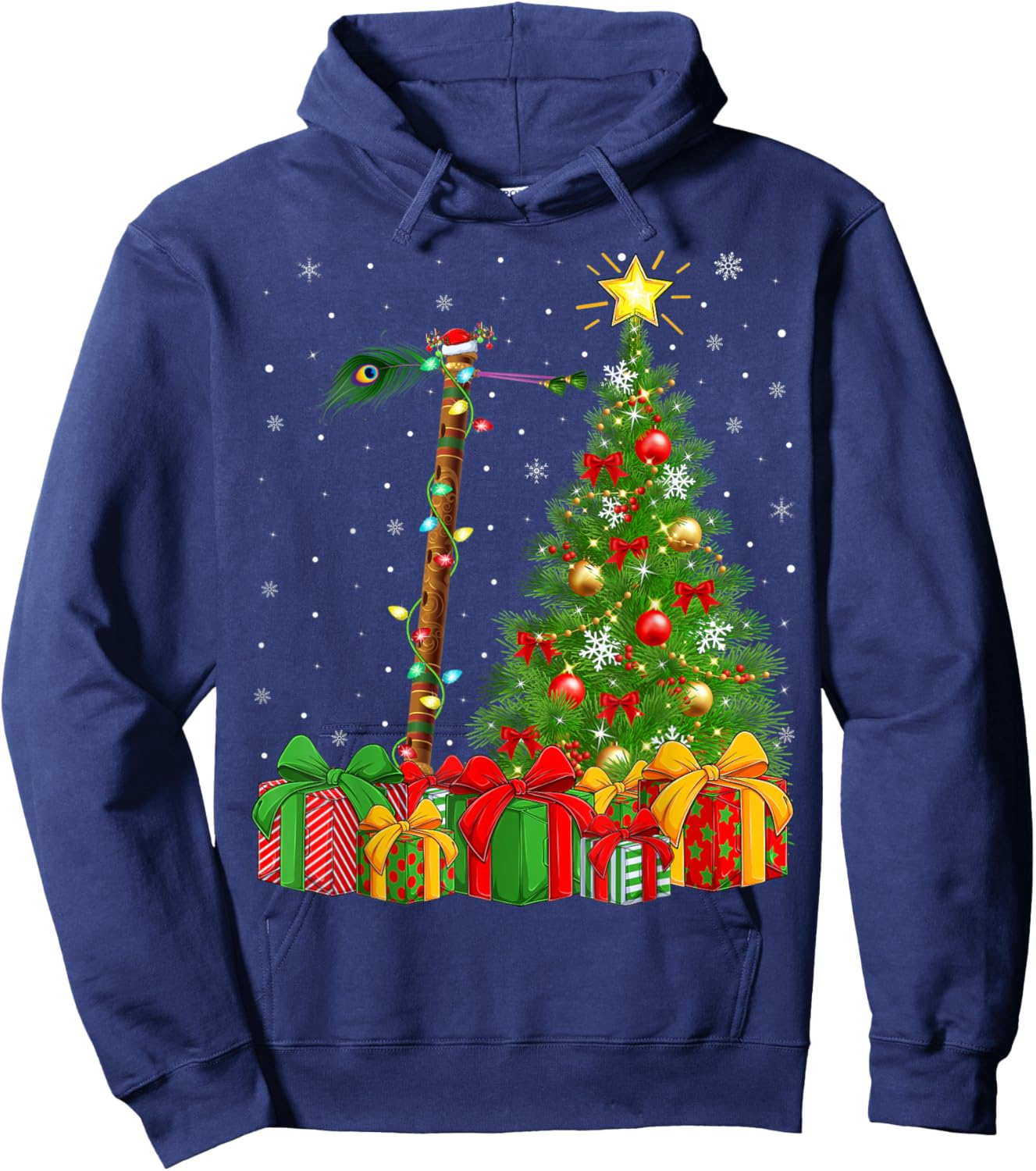 Flute Music Lighting Xmas Tree Santa Hat Flute Christmas Hoodie - Hoodie | Navy