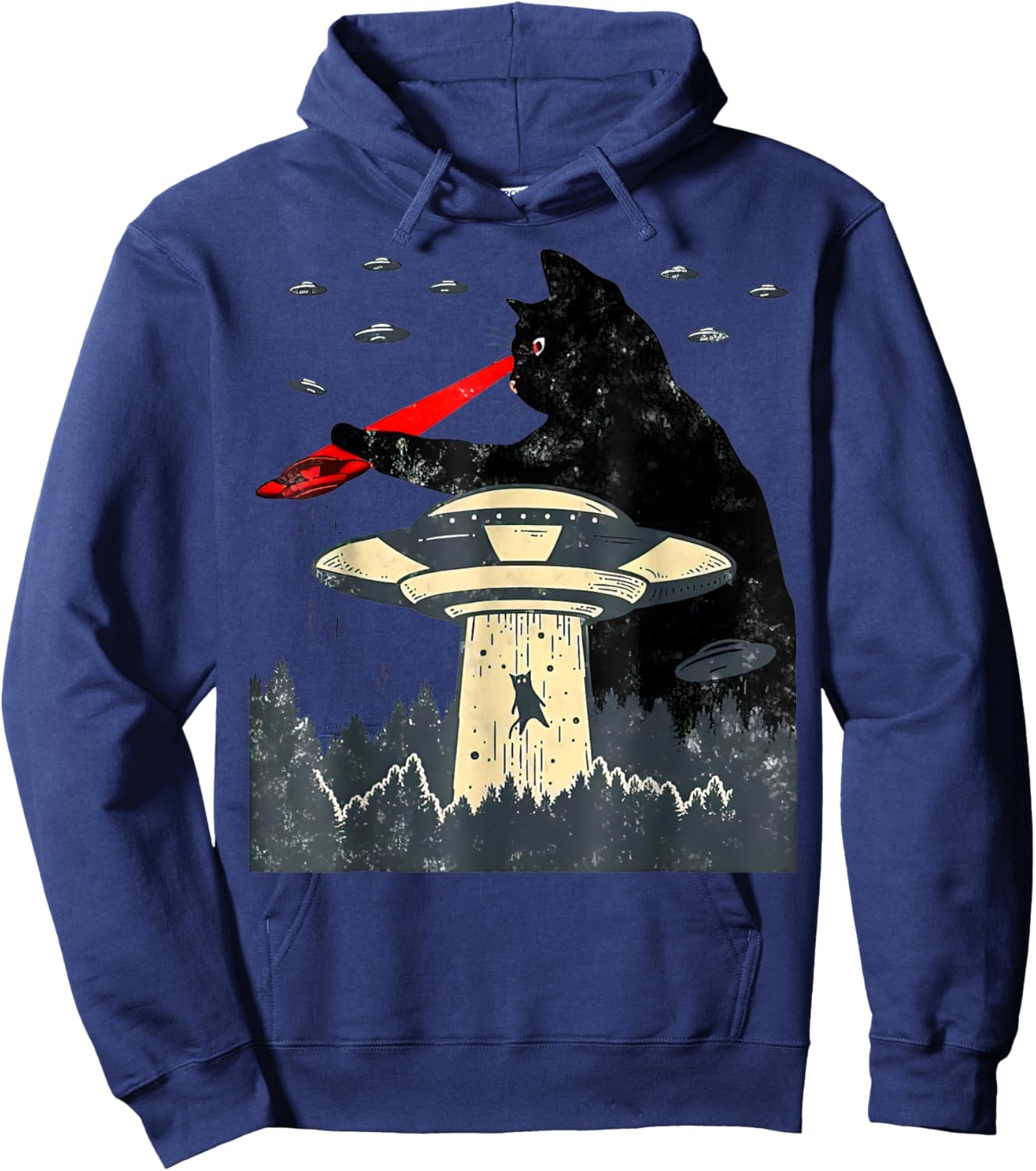Cat UFO Black Cat, Funny Cat , Cat Graphic, Cat Laser Eye Women Hoodie - Hoodie | Navy