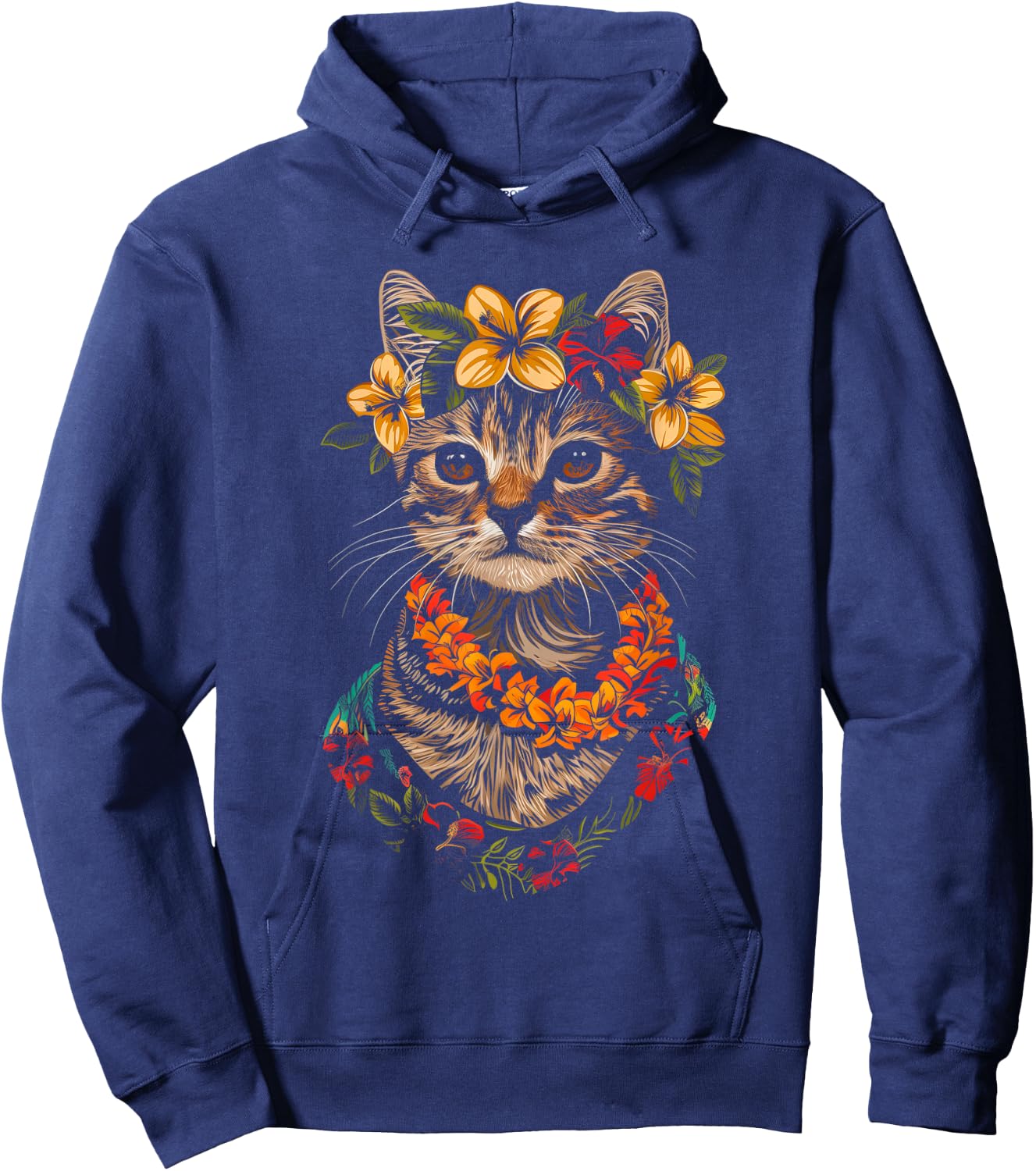 Cat Hawaiian Flowers Hula Hibiscus Funny Cute Hawaii Hoodie - Hoodie | Navy