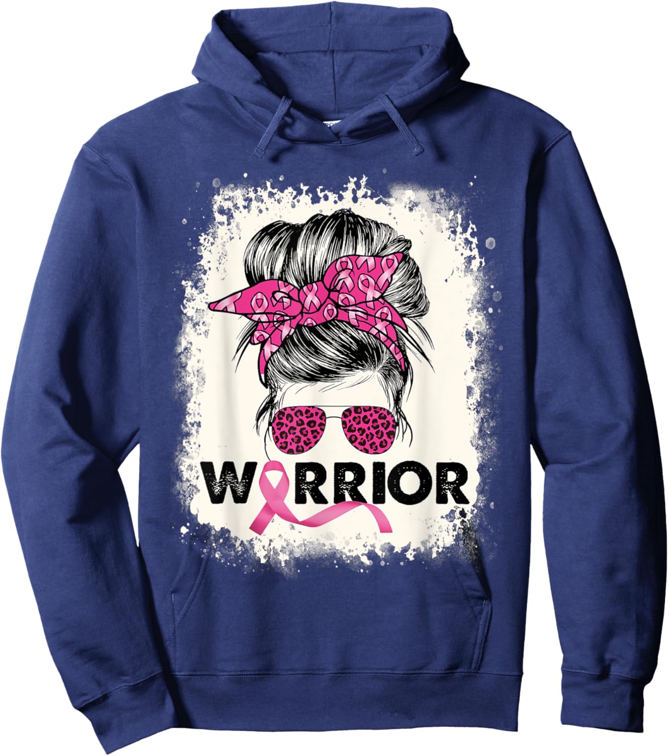 Warrior Breast Cancer Awareness Pink Ribbon Messy Bun Hoodie - Hoodie | Navy