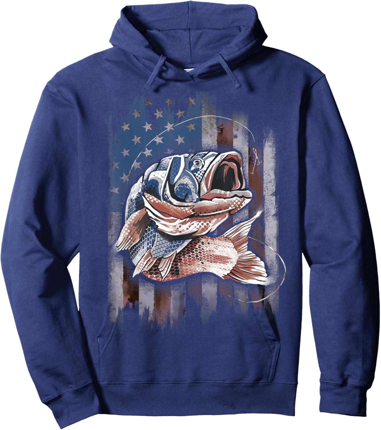 Patriotic Fishing 4th of July Men Amercian Flag Bass Fishing Hoodie - Hoodie | Navy
