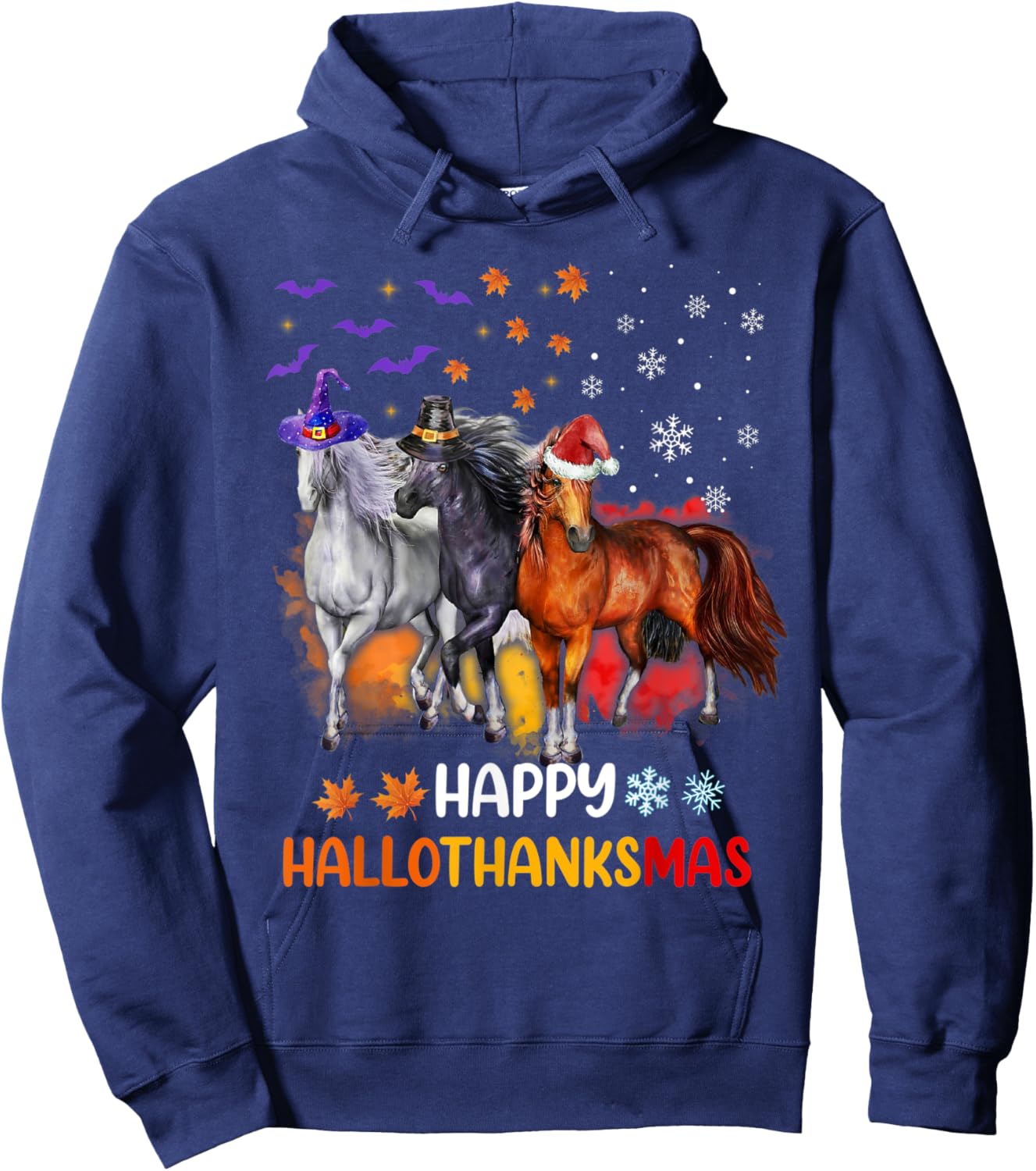 Horse Lover Halloween Merry Christmas Happy Hallothanksmas Hoodie - Hoodie | Navy