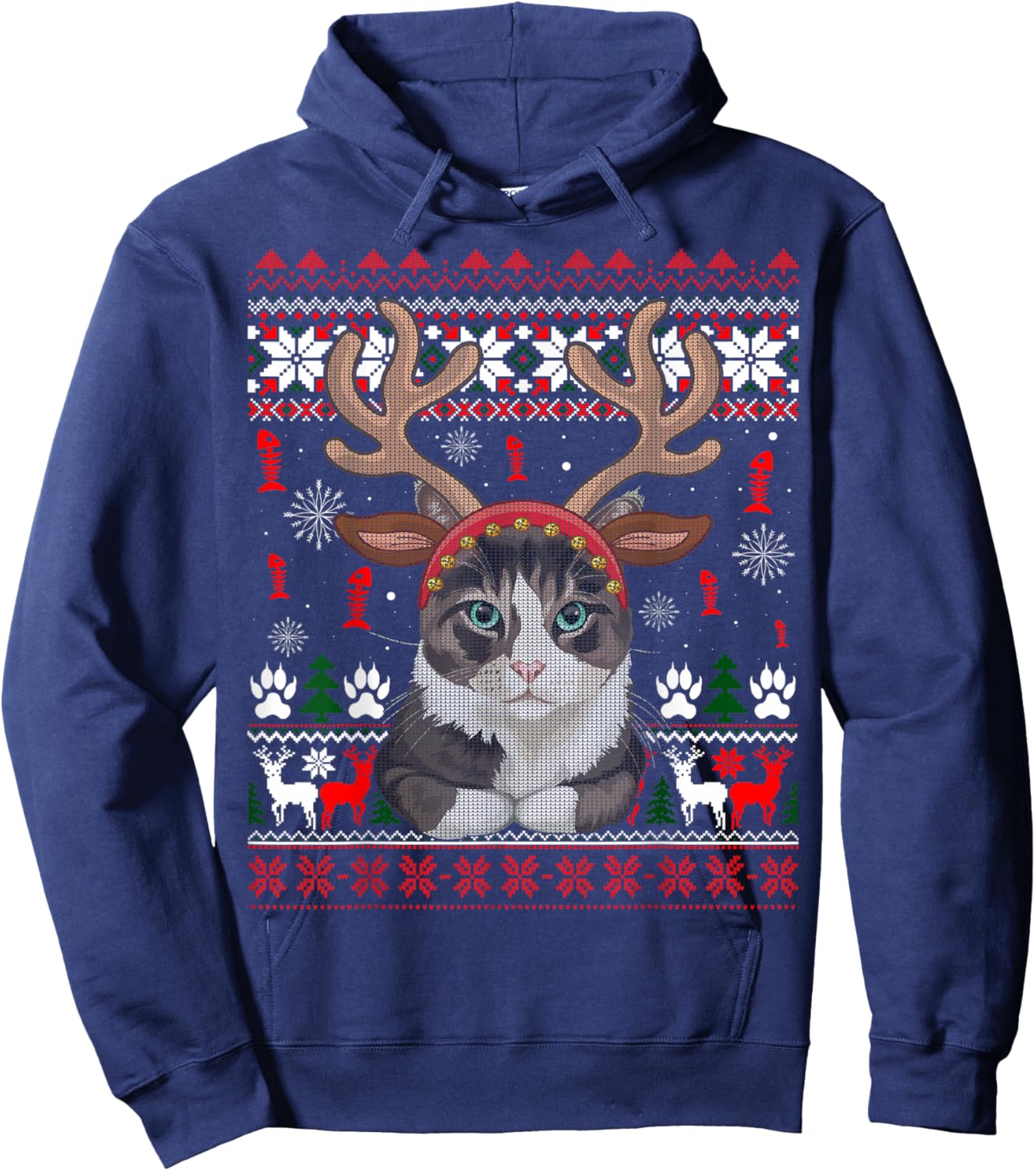 Christmas Cat Reindeer Ugly Christmas Sweater Hoodie - Hoodie | Navy