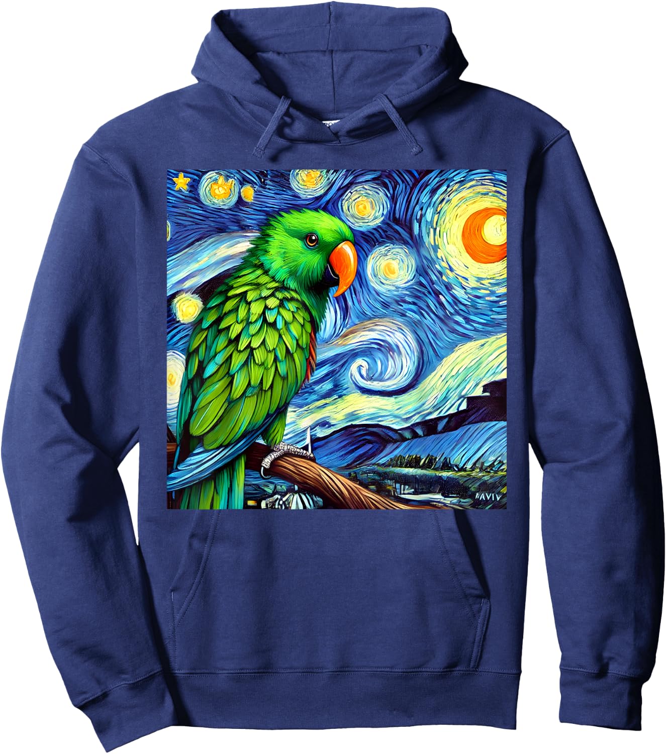 Green Eclectus Parrot Bird Starry Night Sky Art Van Gogh Hoodie - Hoodie | Navy