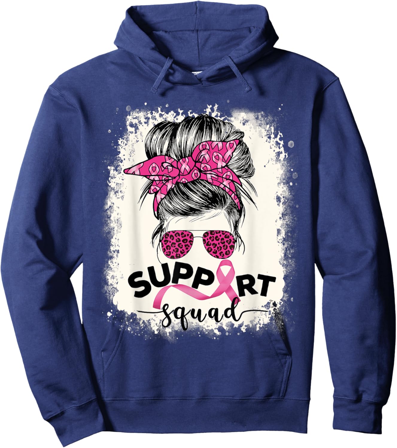 Support Squad Messy Bun Breast Cancer Awareness Pink Warrior Hoodie - Hoodie | Navy