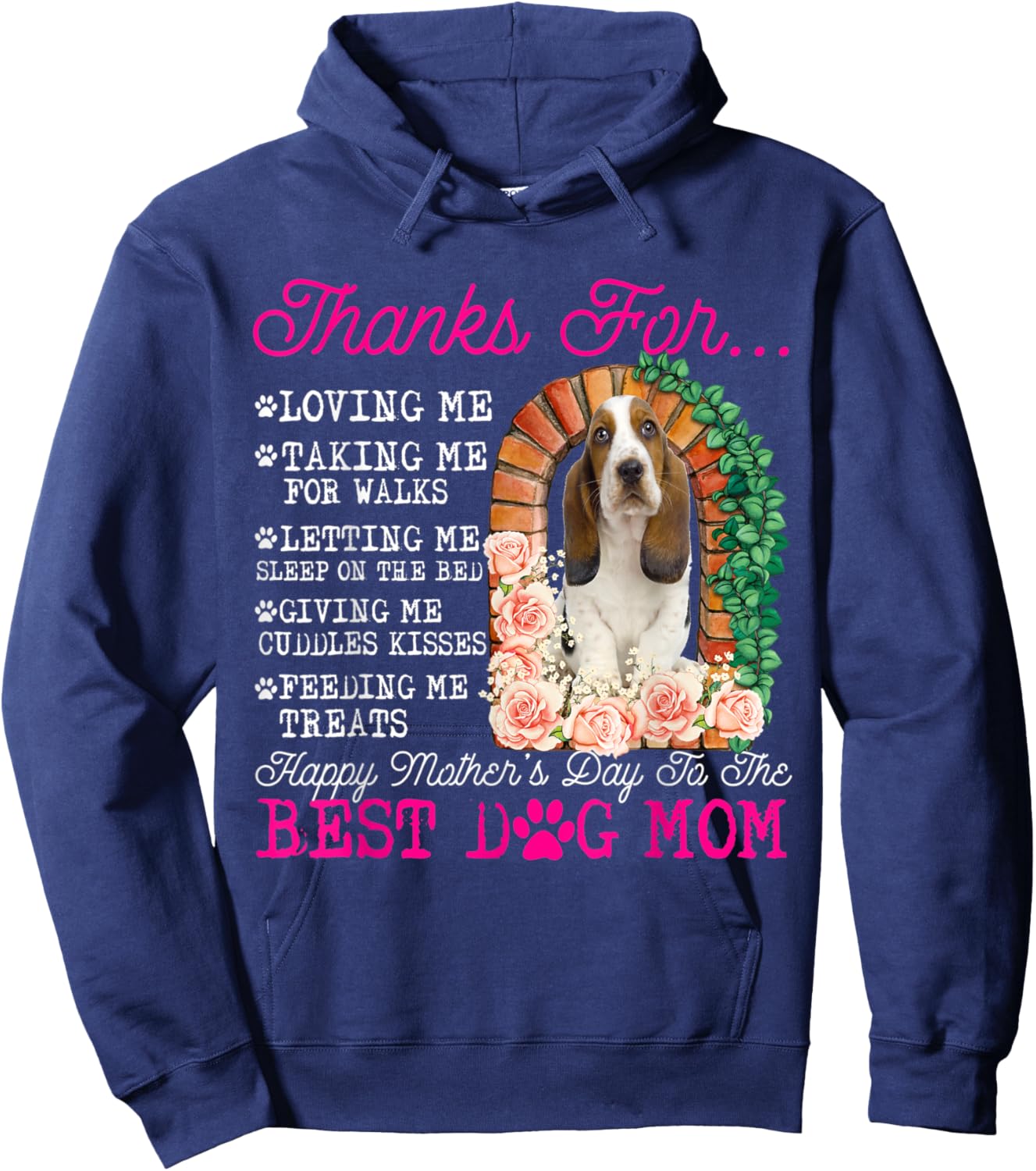 Funny Happy Mother's Day Best Dog Mom Cute Basset Hound Dog Men Women Kids Hoodie - Hoodie | Navy