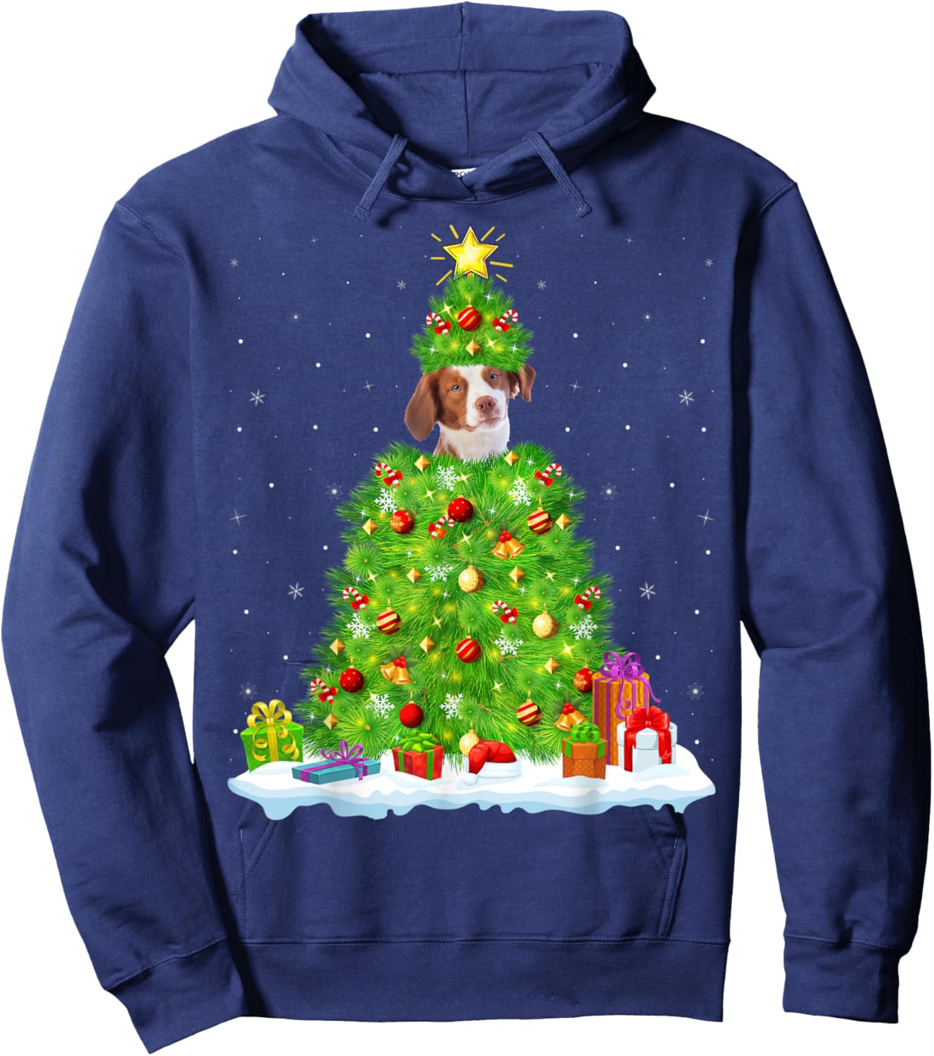 Xmas Lighting Matching Funny Brittany Spaniel Christmas Tree Hoodie - Hoodie | Navy