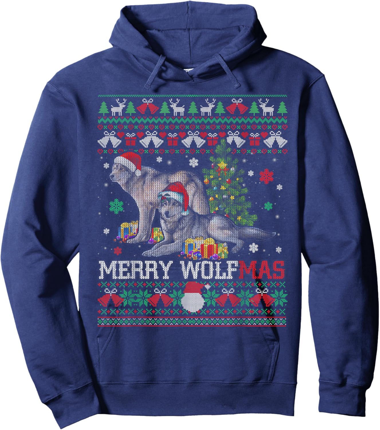 Merry Wolfmas Merry Christmas Wolf Ugly Sweater Hoodie - Hoodie | Navy