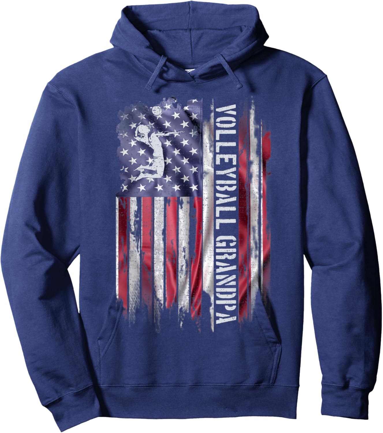 Vintage US American Flag Proud Volleyball Grandpa Silhouette Kids Men Hoodie - Hoodie | Navy
