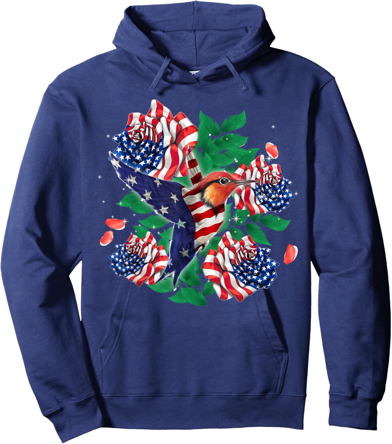 Hummingbird and Rose American Flag Patriotic 4th Of July Men Hoodie - Hoodie | Navy