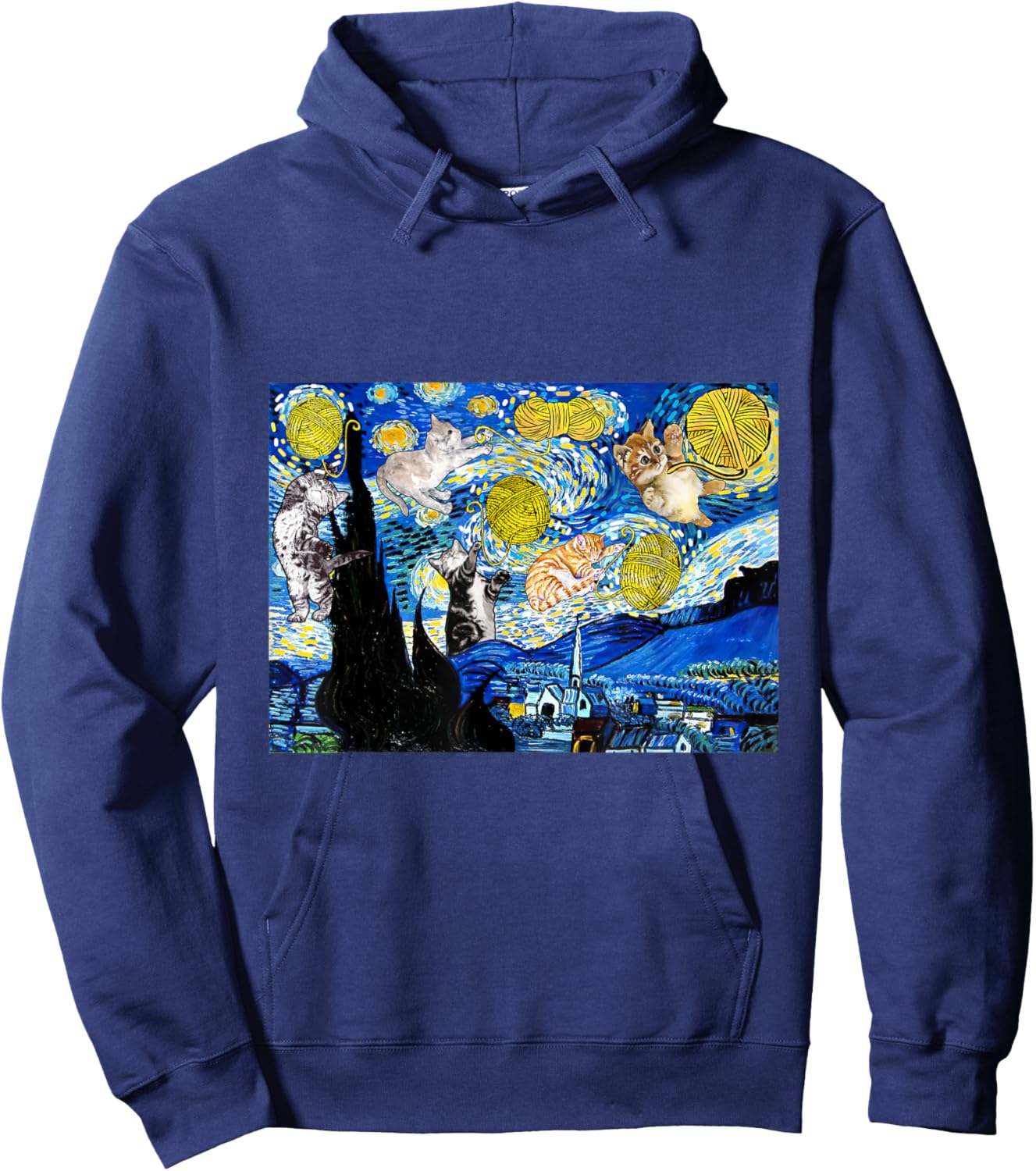 Cat Graphic, Starry Night Cat, Van Gogh Cat, Cat Lover Hoodie - Hoodie | Navy