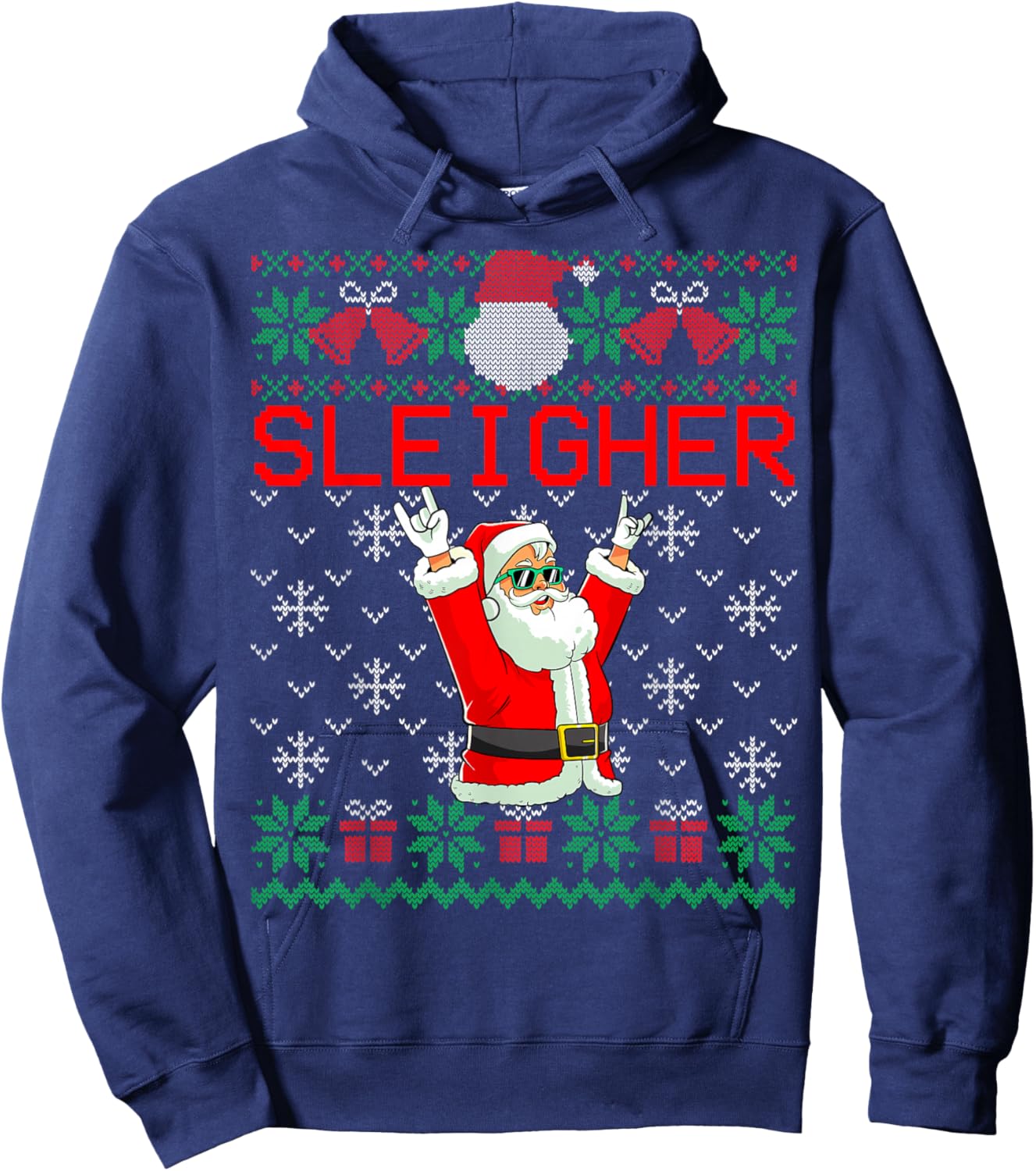 Sleigher Heavy Metal Music Hail Santa Ugly Christmas Sweater Hoodie - Hoodie | Navy
