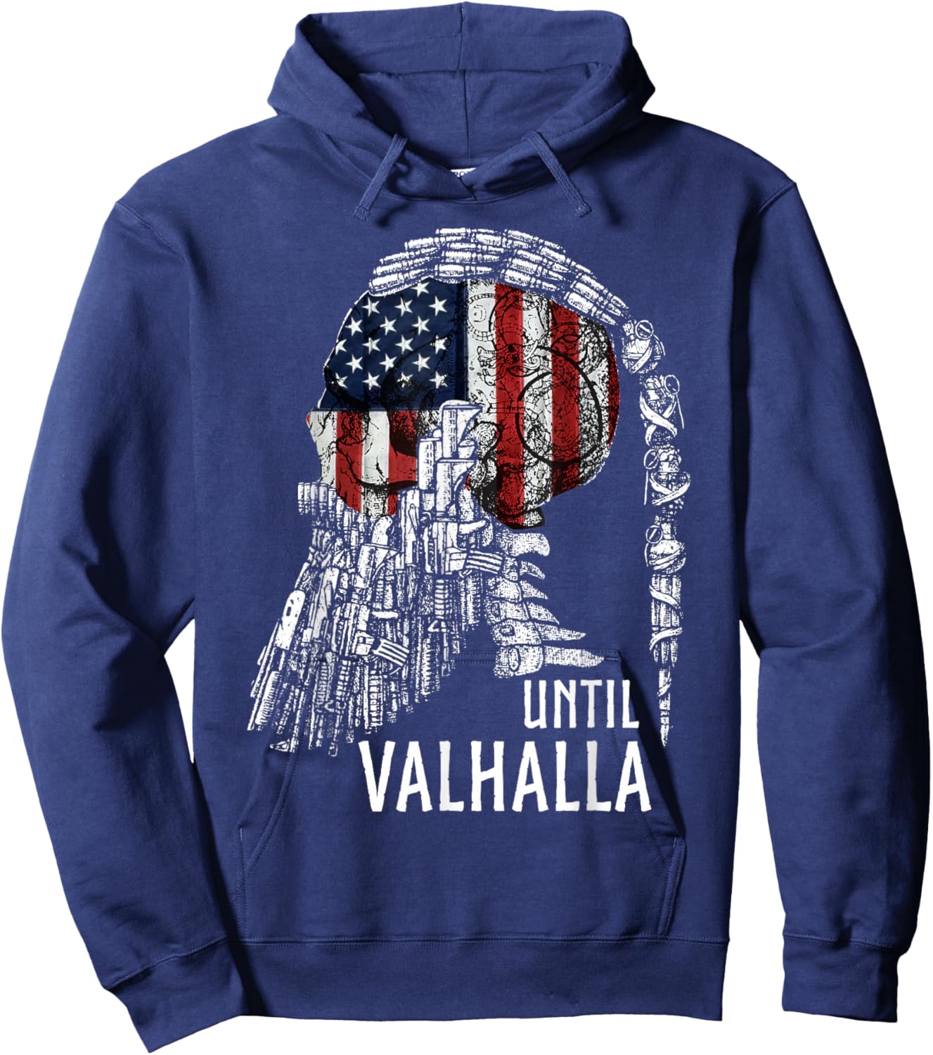Until Valhalla, Skull American Flag, Viking US Patriot Hoodie - Hoodie | Navy