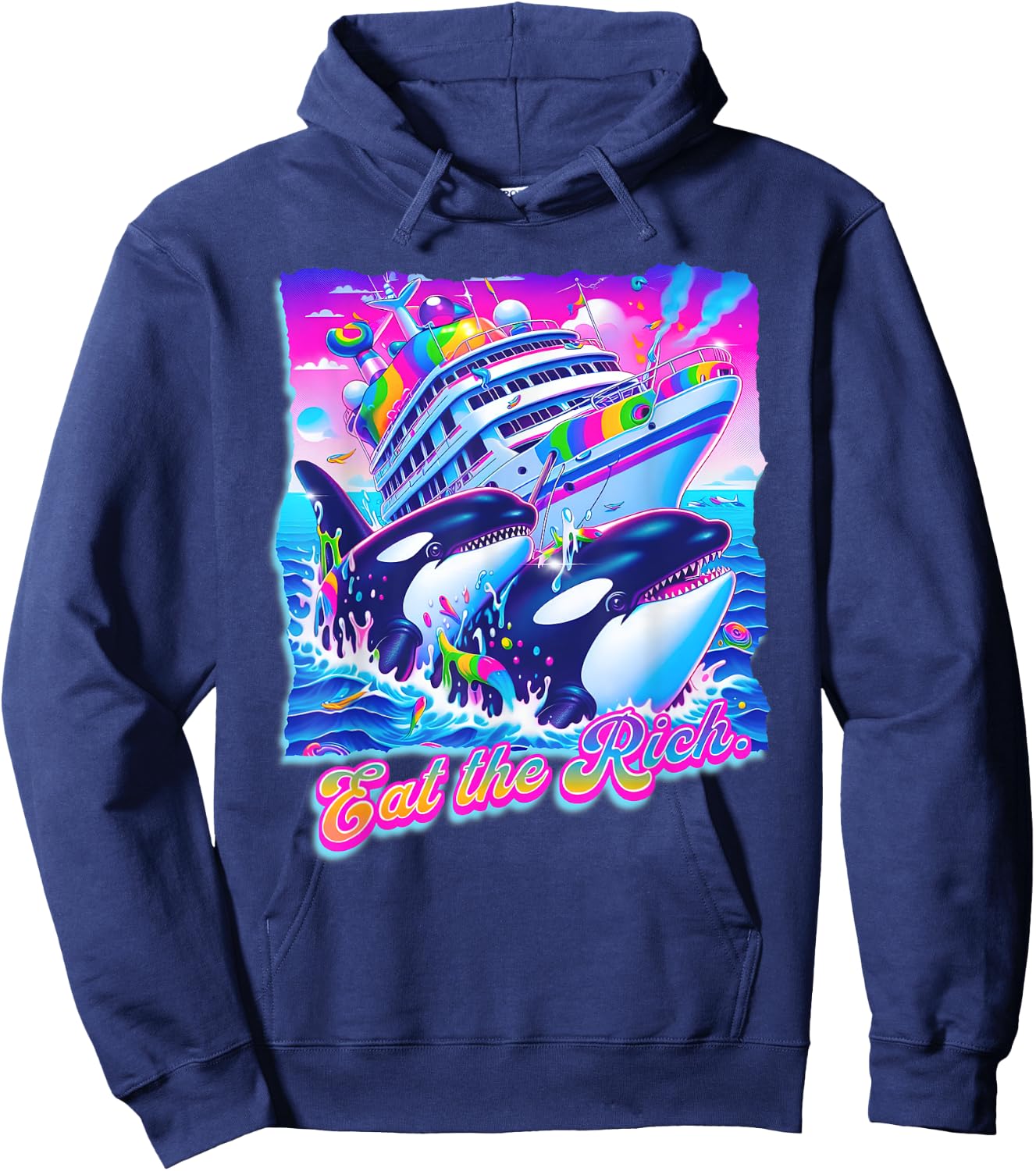 Eat the Rich Whale 90s Orca Funny Whale Animal Yacht Retro Hoodie - Hoodie | Navy