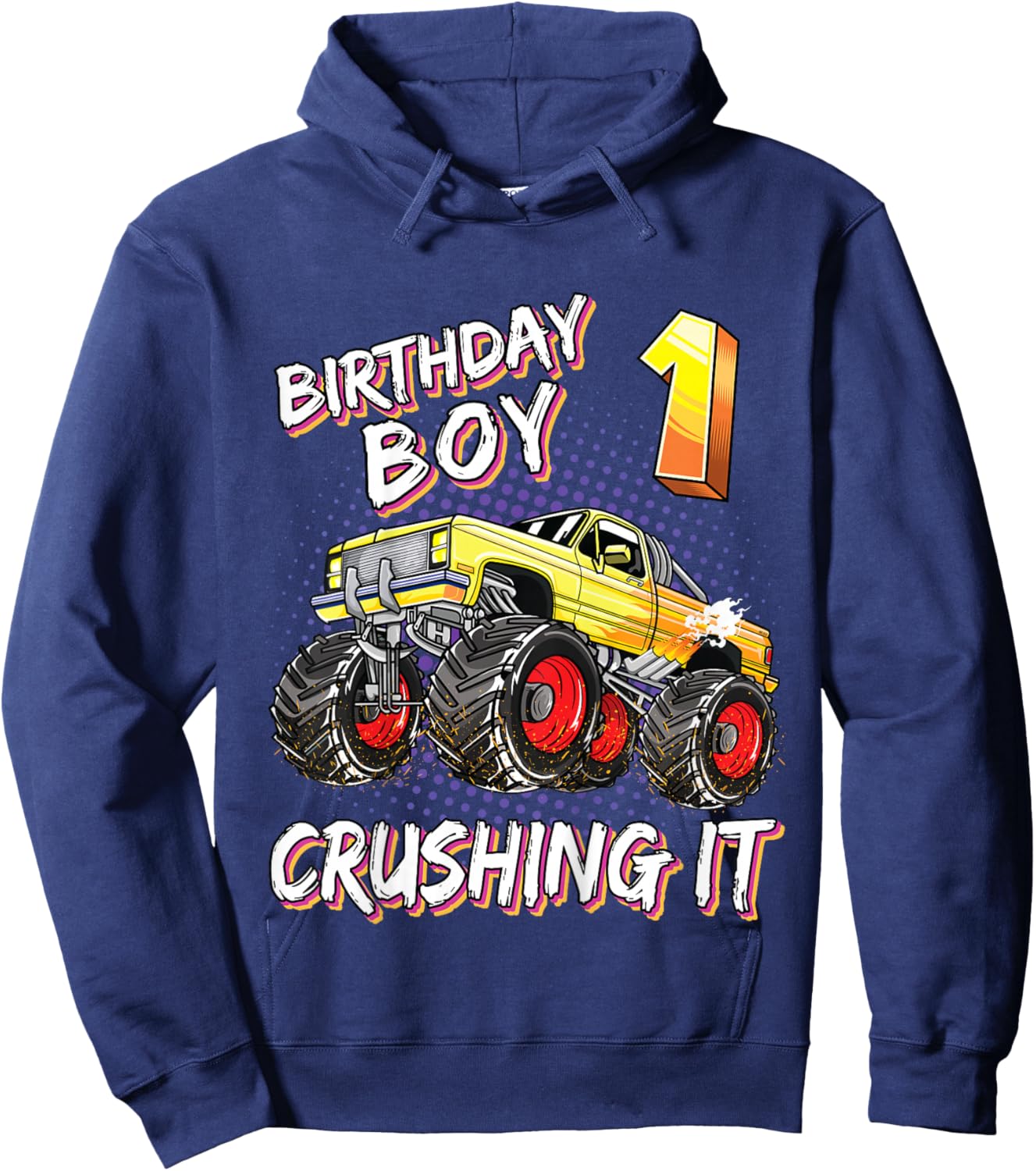 Kids 1 Year Old Birthday Boy Shirt Monster Truck 1st Birthday Hoodie - Hoodie | Navy
