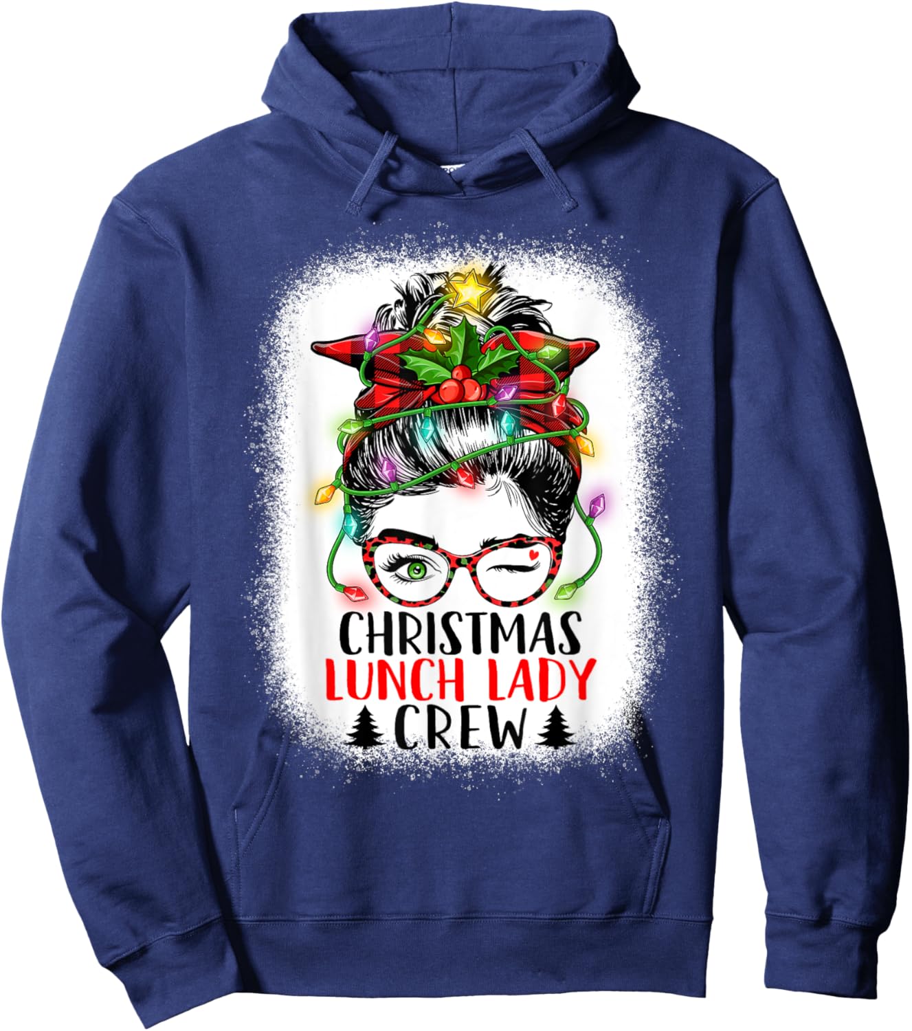 Christmas Lunch Lady Crew Messy Bun Women Christmas Lights Hoodie - Hoodie | Navy