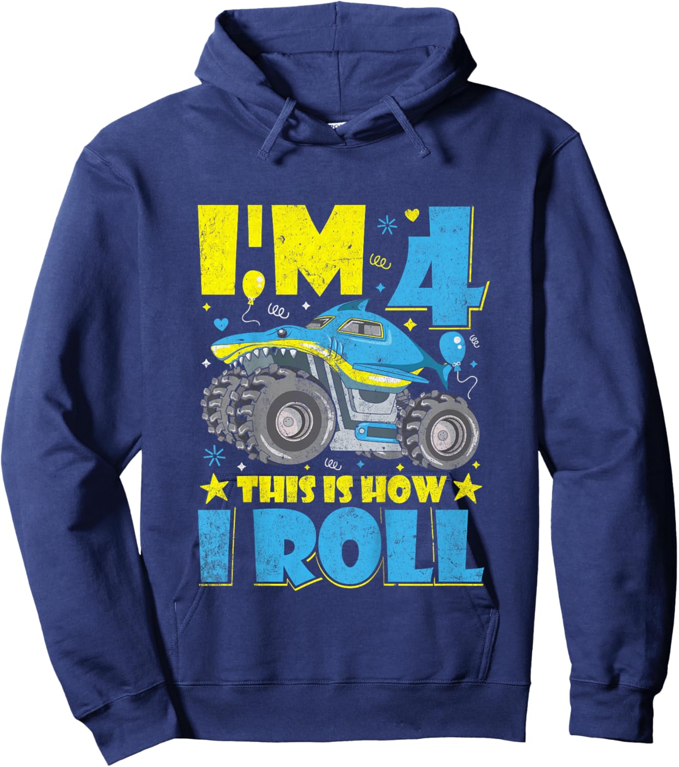 Monster Truck Shark 4th Birthday Boys and Girls Novelty Hoodie - Hoodie | Navy