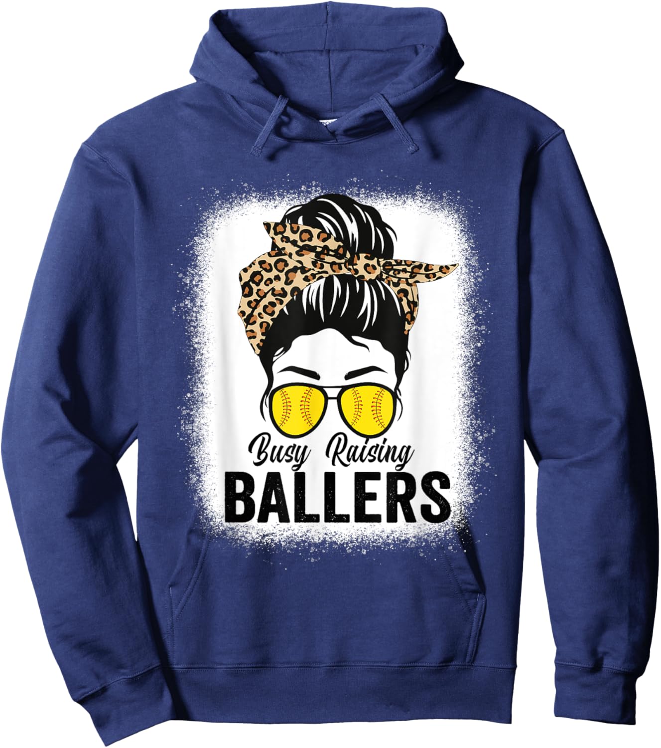 Busy Raising Ballers Softball Messy Bun Leopard Bleached Hoodie - Hoodie | Navy