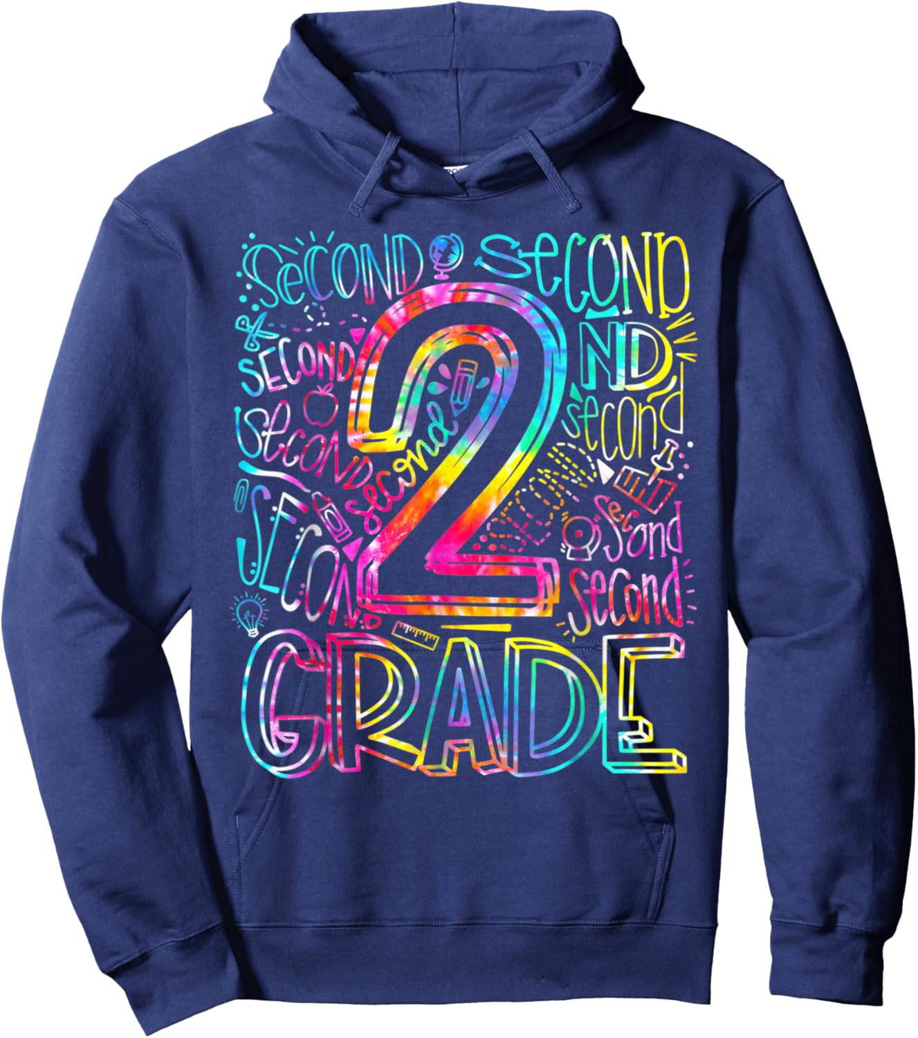 Tie Dye 2nd Grade Typography Team Second Grade Teacher Men Women Kids Hoodie - Hoodie | Navy