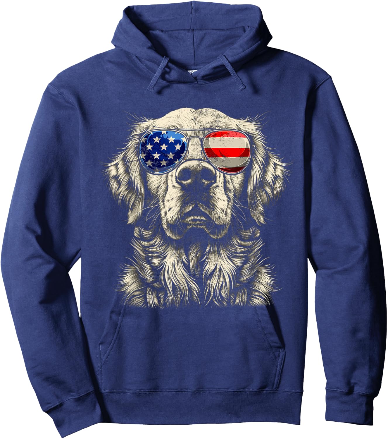 Vintage Art Golden Retrievers Dogs Wearing USA Flag Glasses Hoodie - Hoodie | Navy