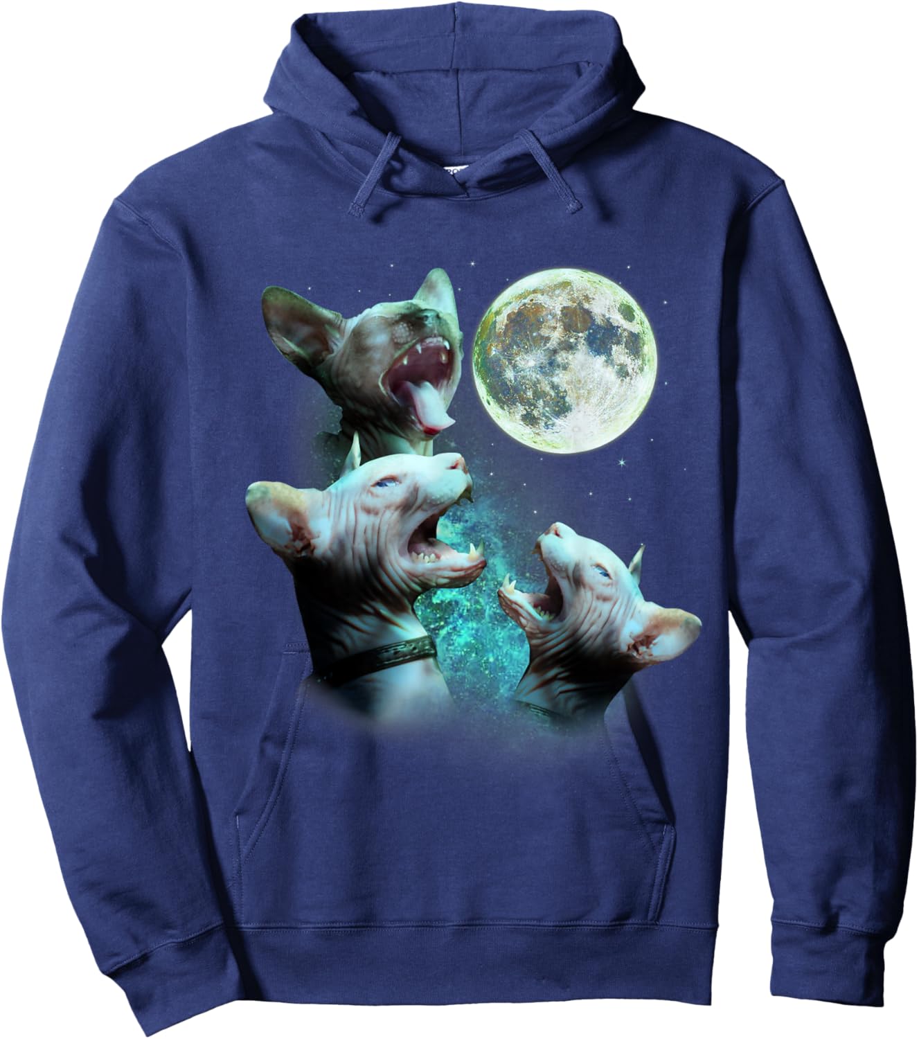 Three Hairless Sphynx Cats Howl At Moon 3 Wolfs Funny Parody Hoodie - Hoodie | Navy