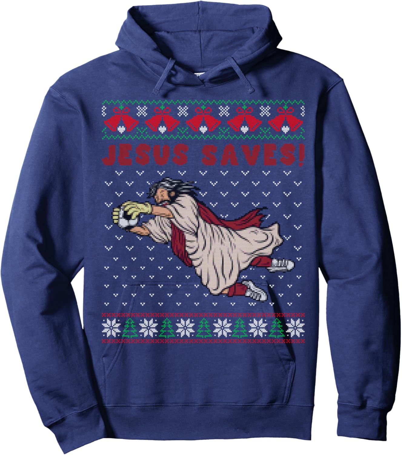 Jesus Saves Football Goalkeeper Goal Ugly Christmas Sweater Hoodie - Hoodie | Navy