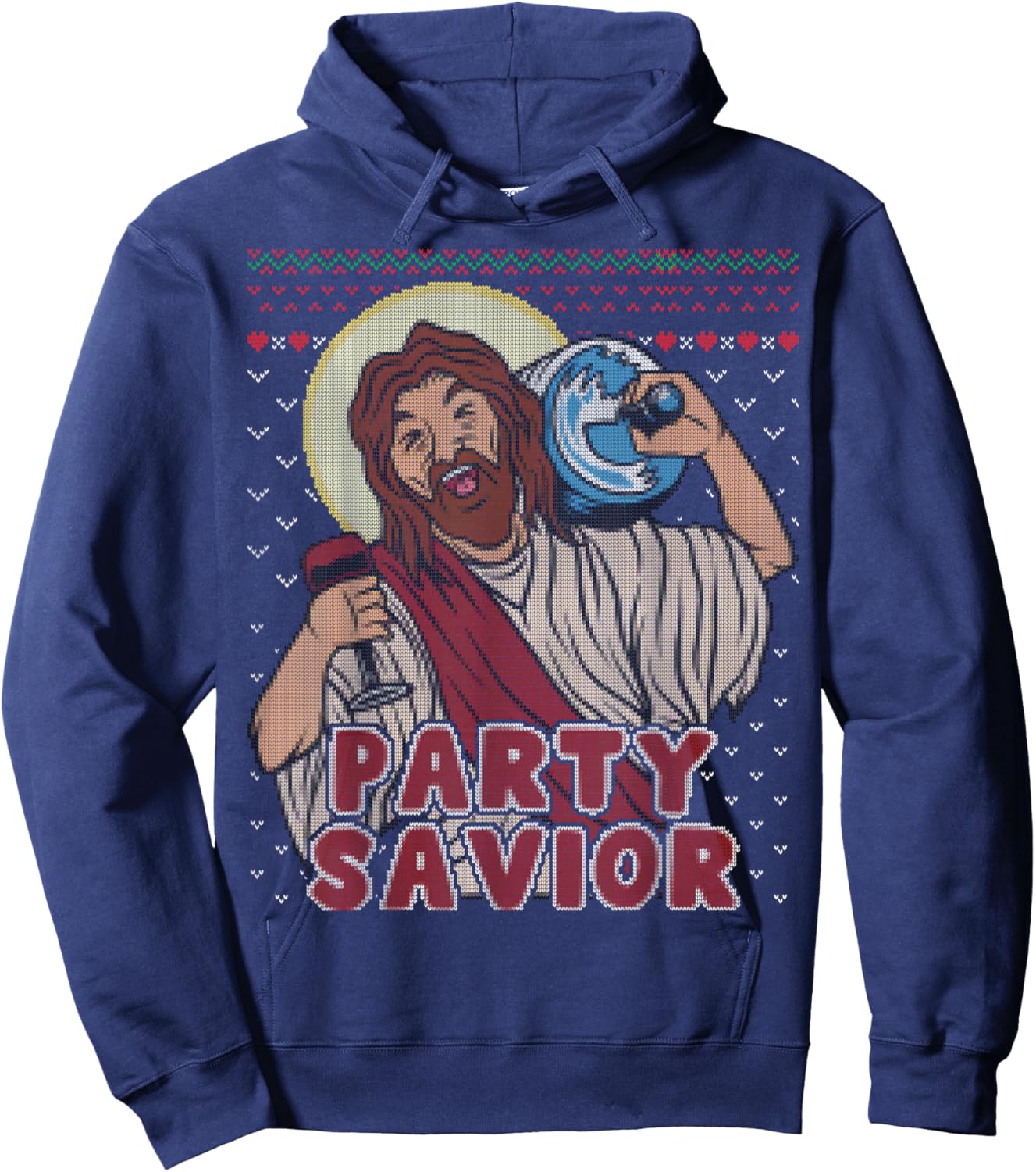 Party Savior Jesus Santa Claus Beer Ugly Christmas Sweater Hoodie - Hoodie | Navy