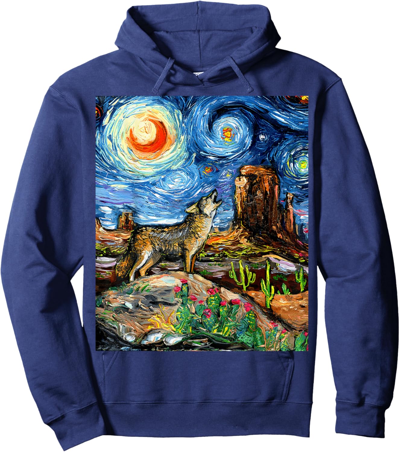 Coyote in the Southwestern Desert Starry Night Art by Aja Hoodie - Hoodie | Navy