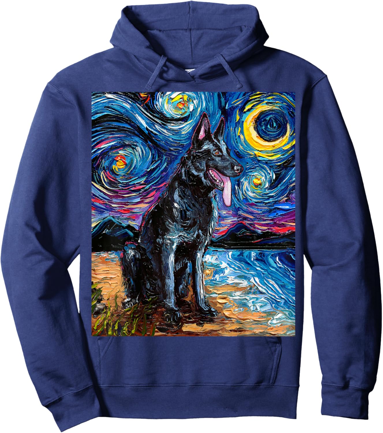 Black German Shepherd Starry Night Dog and Moon GSD Artwork Hoodie - Hoodie | Navy
