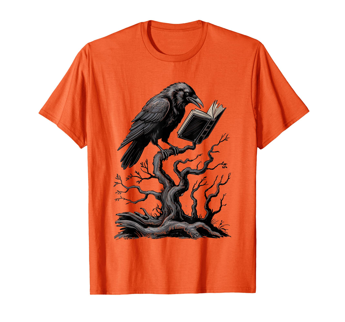 Spooky Raven Reading Book Lover Crow Halloween Tree Goth T-Shirt