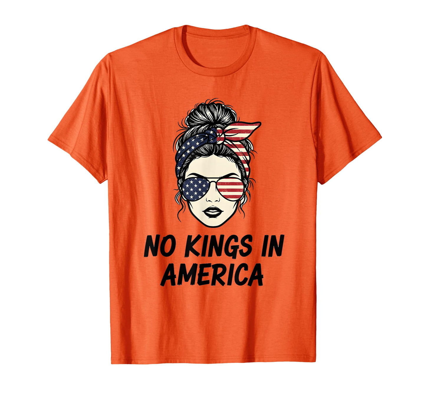 No Kings in America Patriotic Women Messy Bun USA Flag T-Shirt