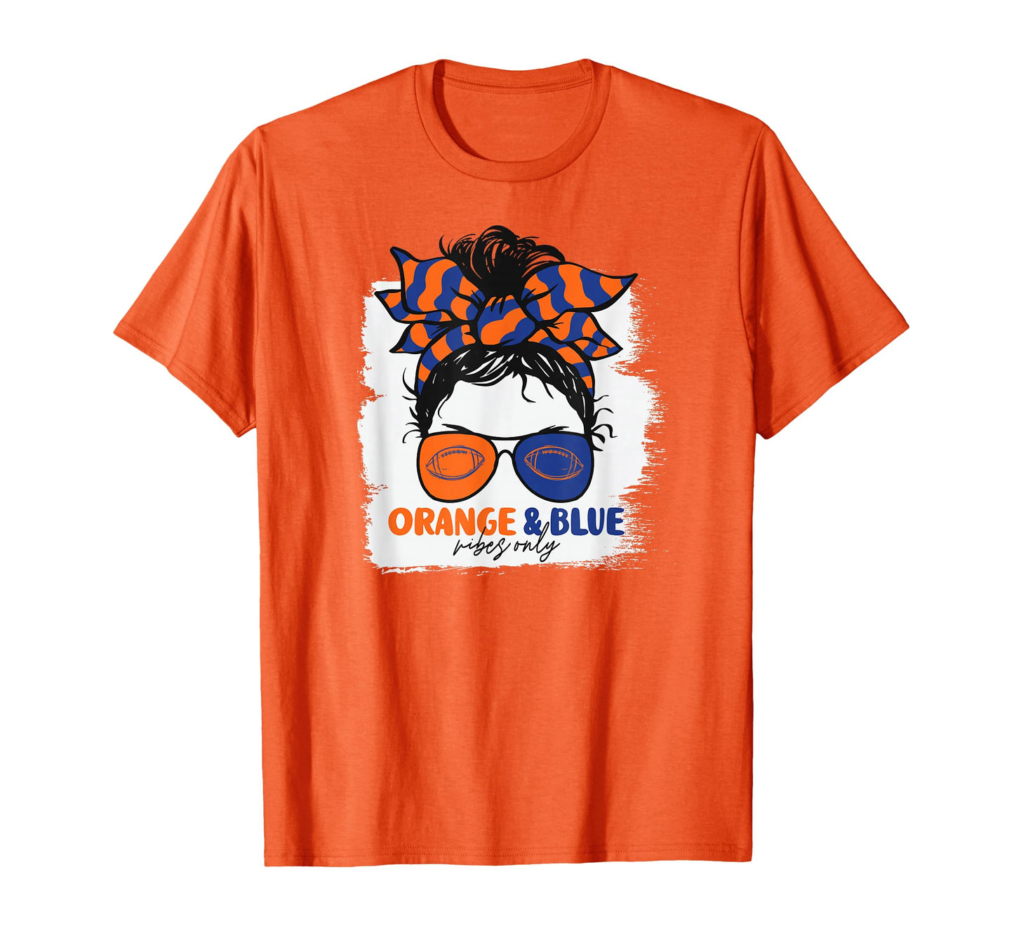Orange and Blue Vibes Only Football Mom Gameday Messy Hair T-Shirt