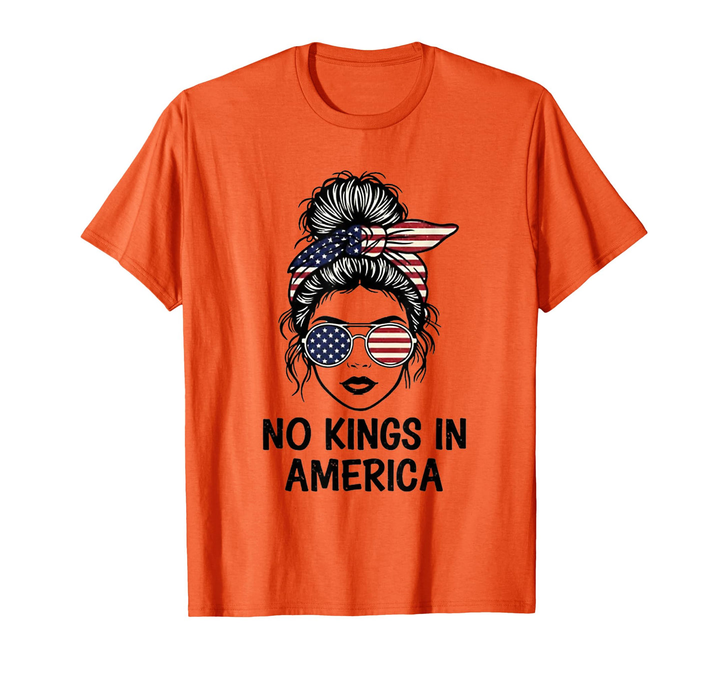 No Kings in America Women Messy Bun USA Flag T-Shirt