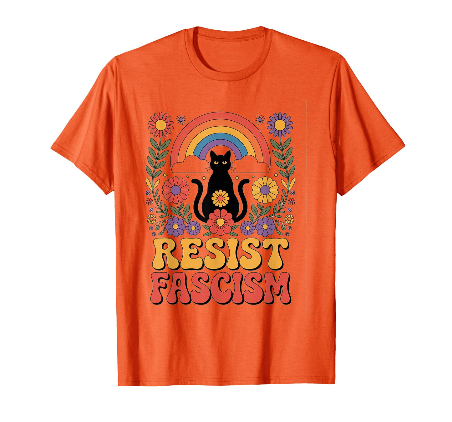 Cat Resist Fascism Retro Groovy Rainbow No Kings Hippie T-Shirt