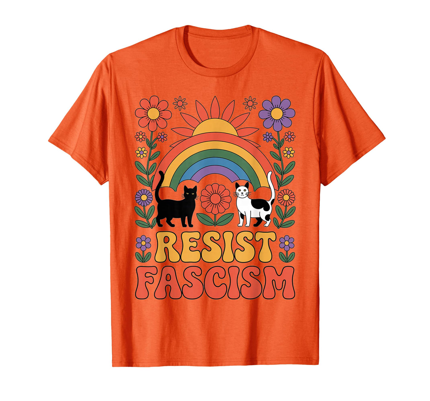 Cats Resist Fascism Retro Groovy Rainbow No Kings Hippie T-Shirt