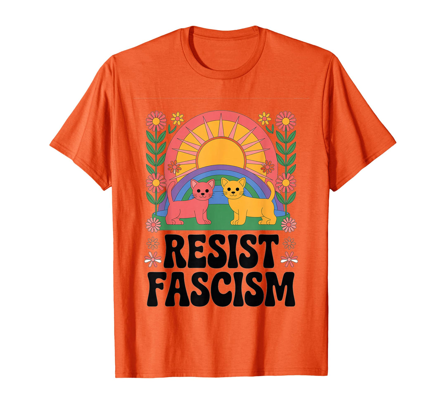 Cats Resist Fascism Retro Groovy Rainbow No Kings Hippie T-Shirt
