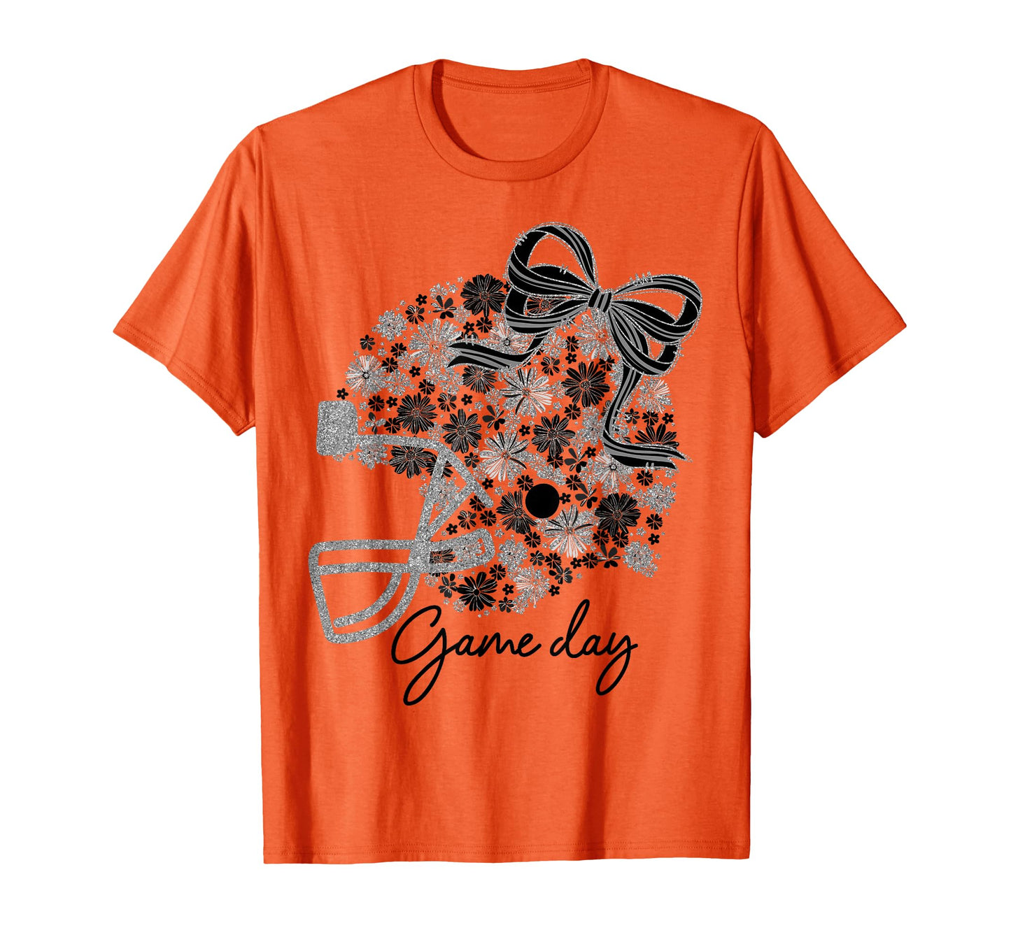 Floral Football Game Day Girly Team Spirit Black & Silver T-Shirt