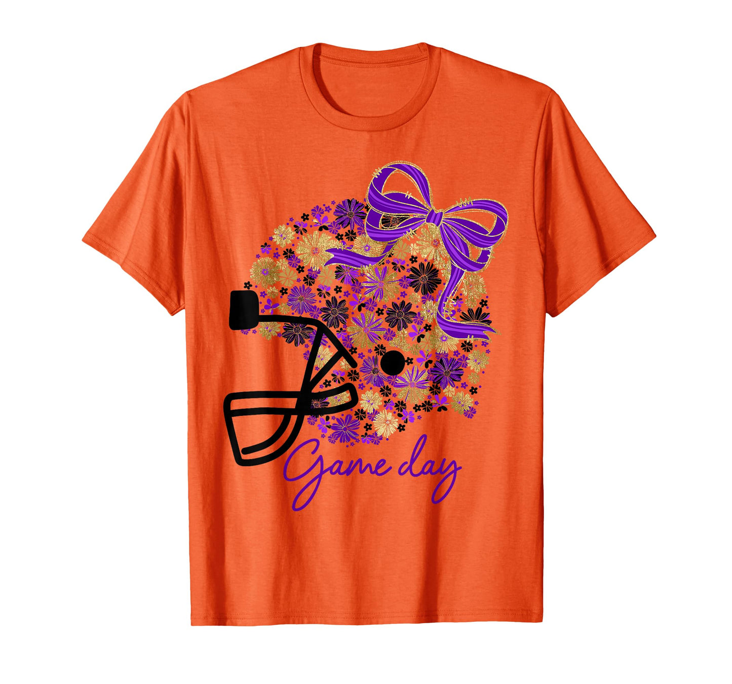 Floral Football Game Day Girly Team Spirit Purple Black Gold T-Shirt
