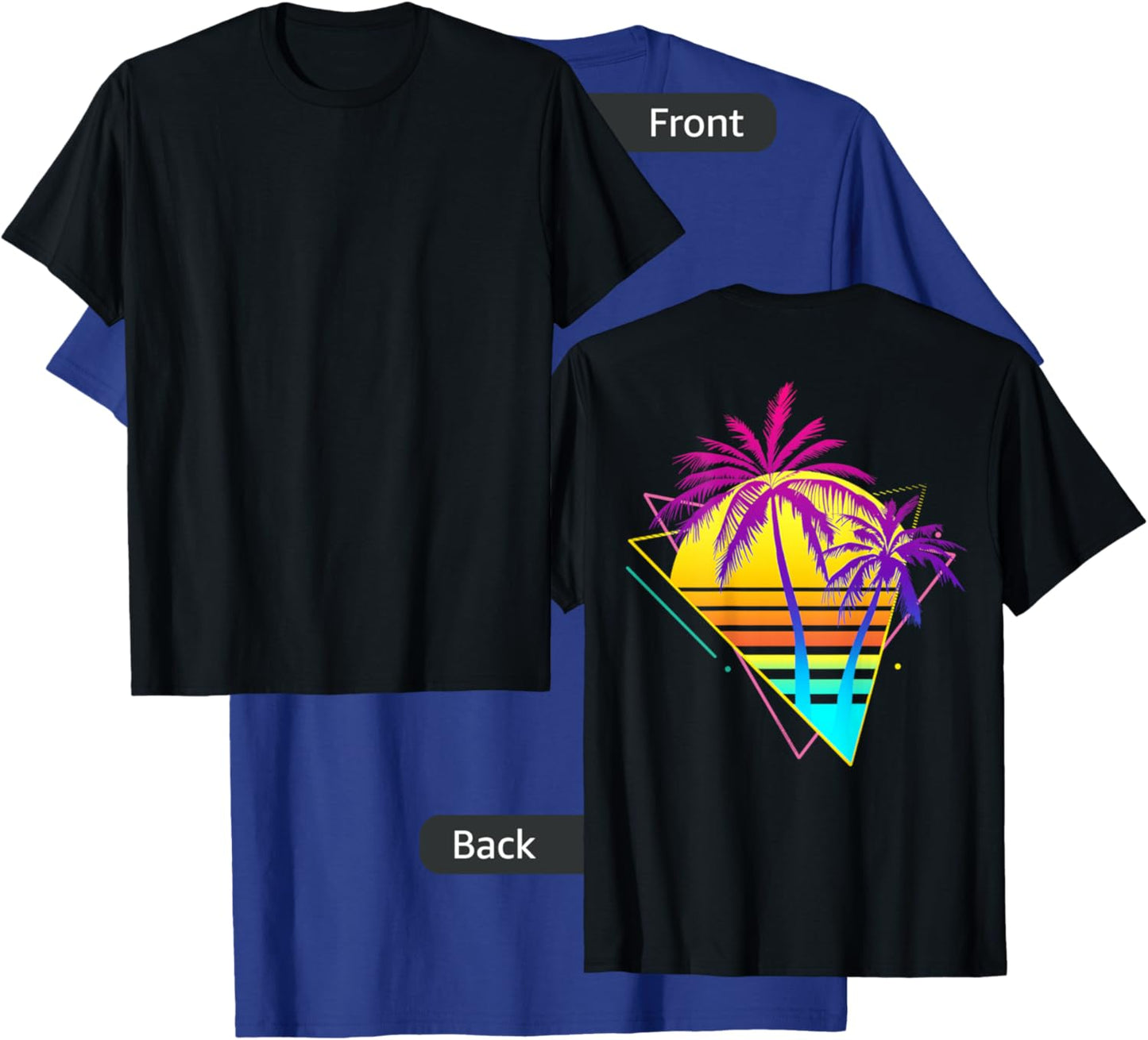 On Back - Retro 80s 90s Vaporwave Tropical Sunset Palm Trees T-Shirt - T-Shirt | Royal